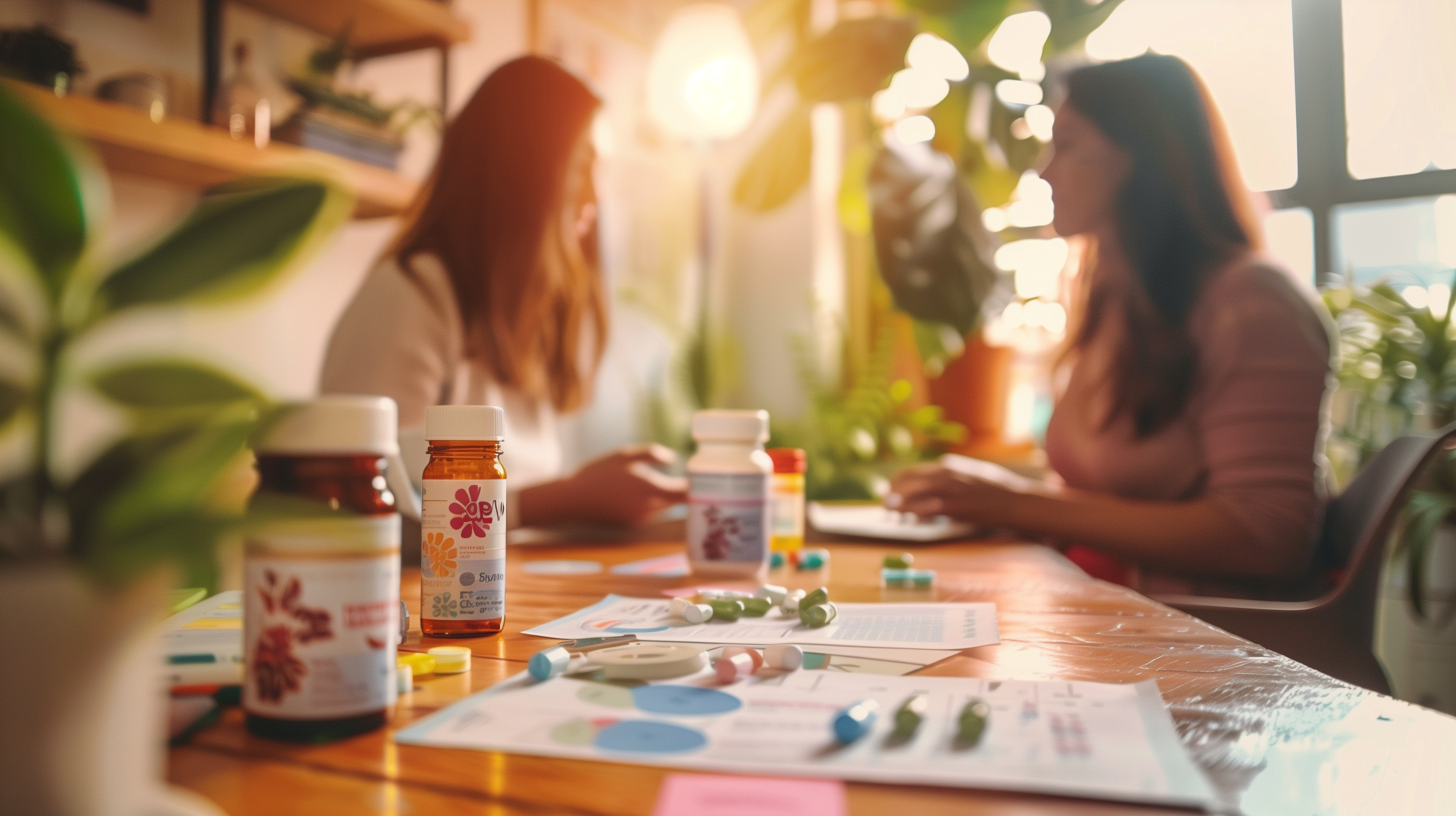 a pregnant woman consulting with a nutritionist in a cozy, sunlit room, surrounded by various bottles of prenatal vitamins
