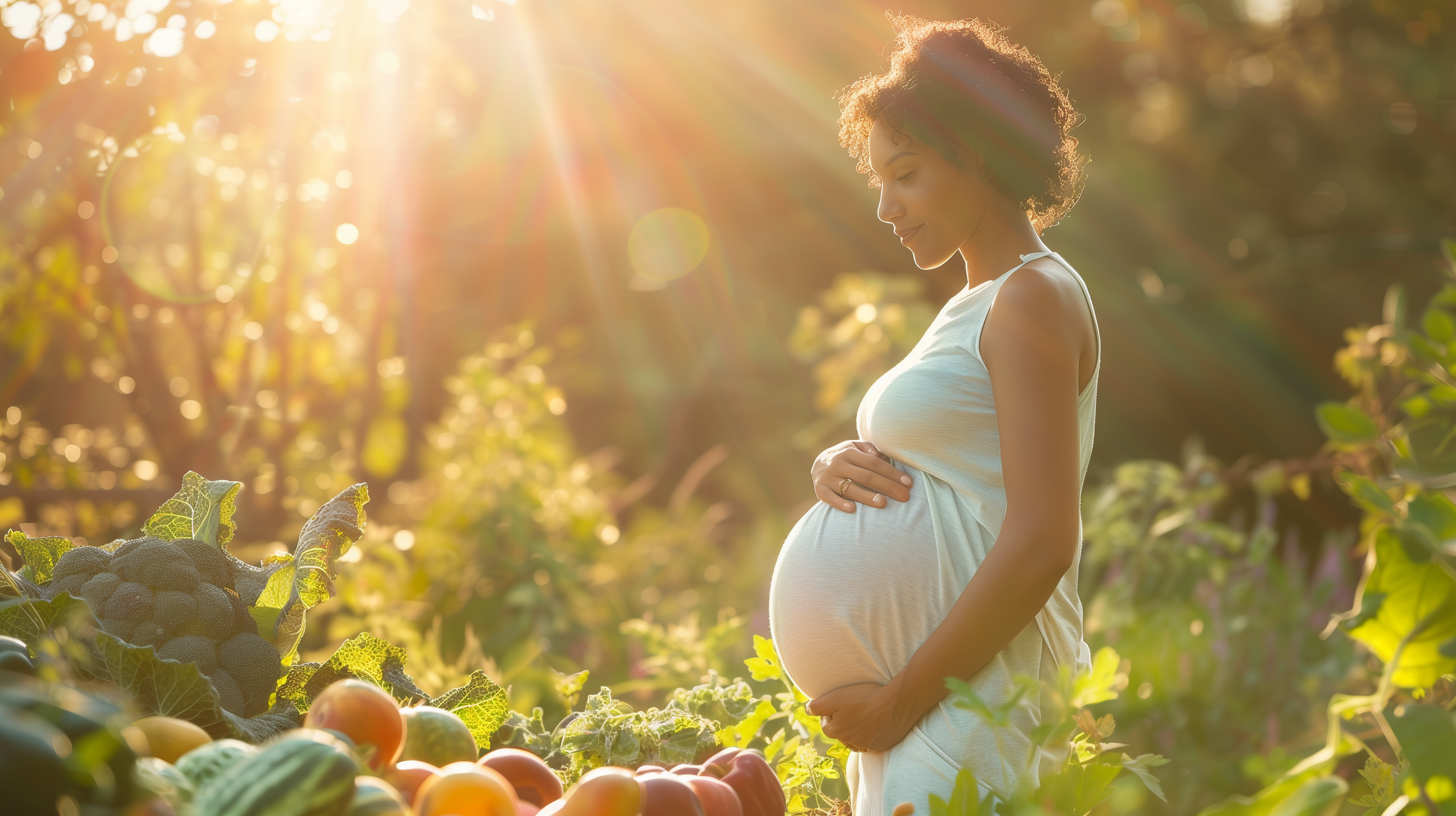 a pregnant woman in a serene nature setting, surrounded by organic fruits, vegetables