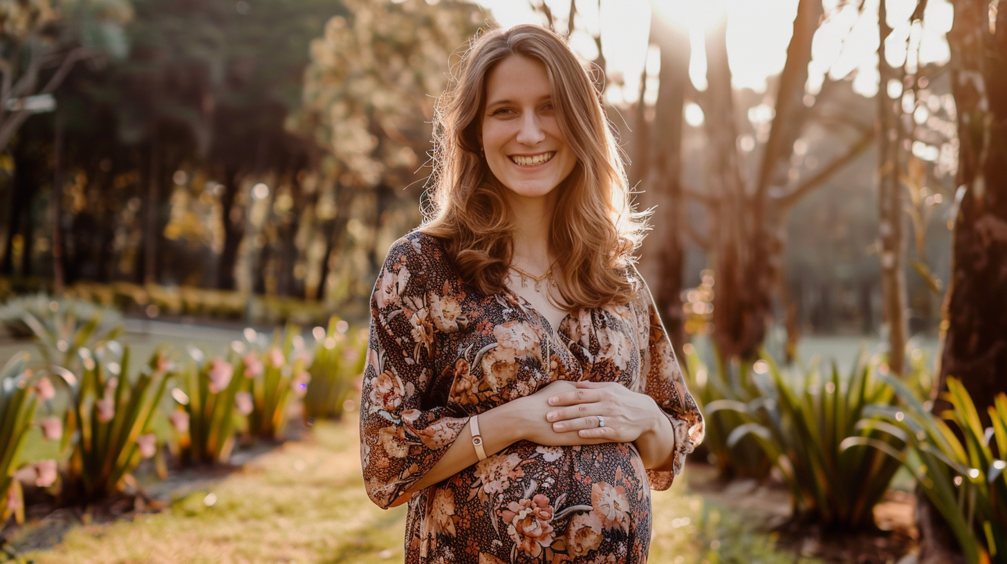 a pregnant woman standing in a large garden smiling