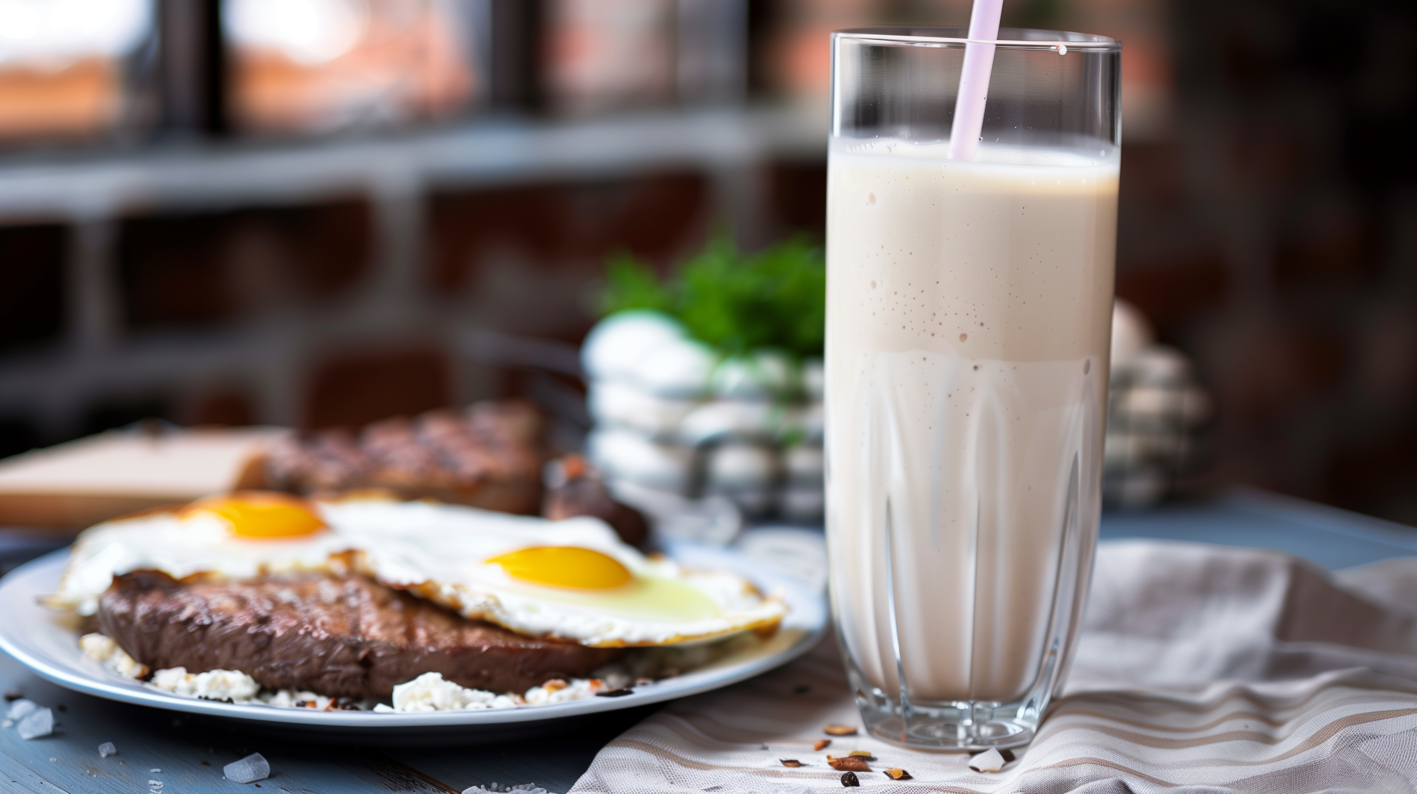 an extra high-protein breakfast: steak, eggs, and a protein shake