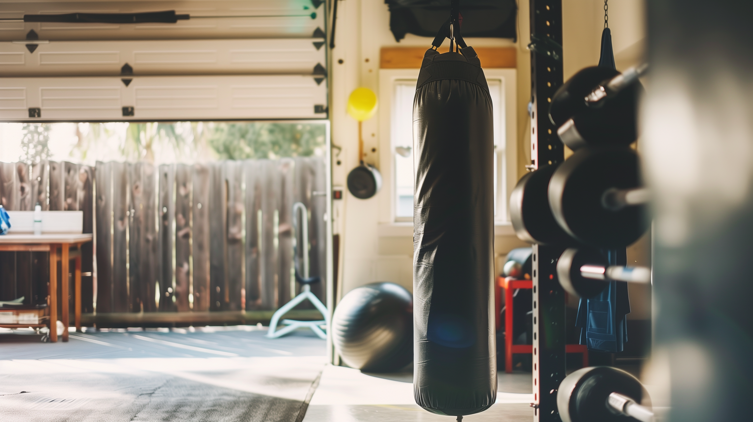 a punching bag hanging in a home gym garage