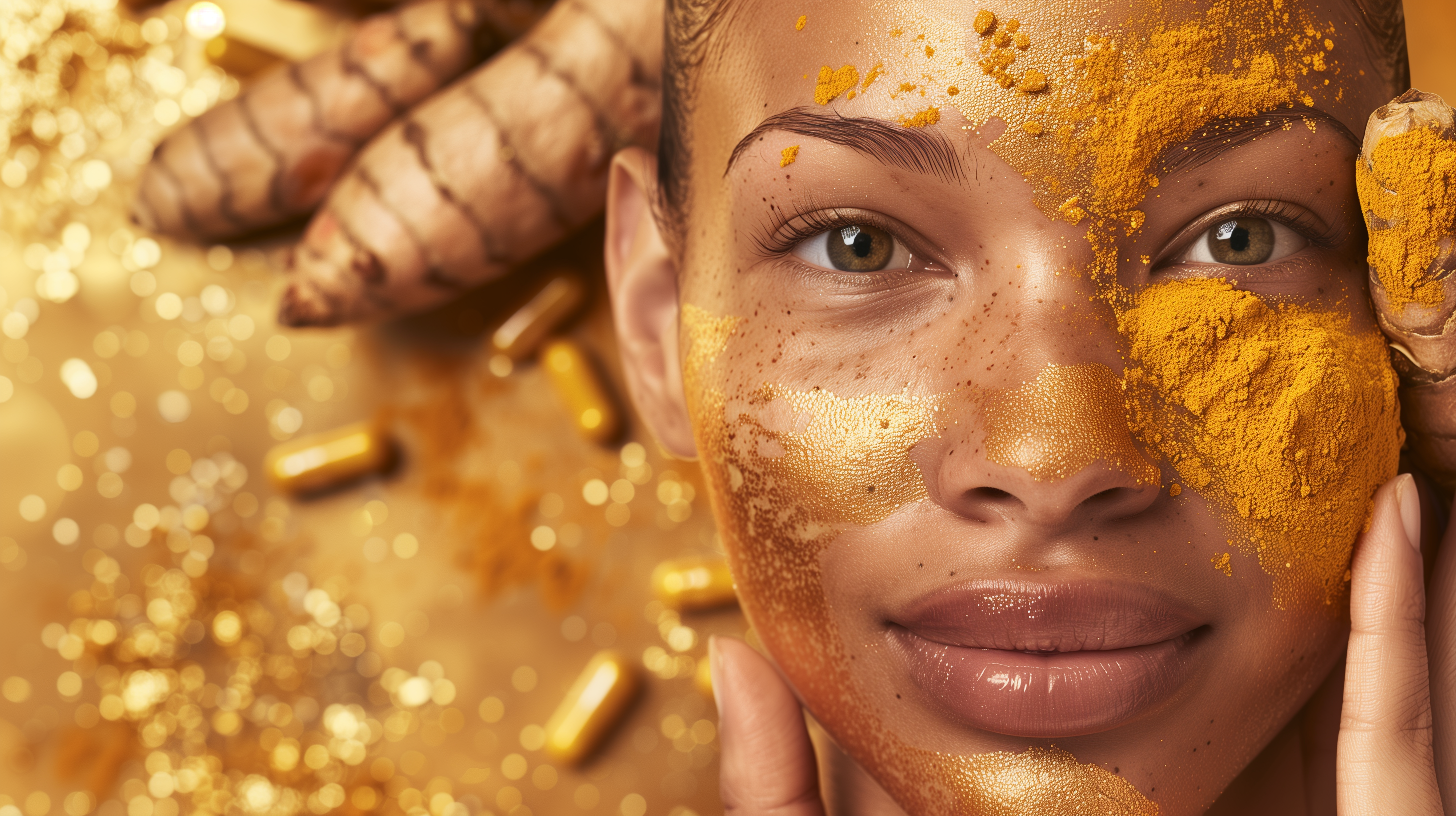 clear-skinned person, turmeric root, with a background of soft, glowing, golden hues and scattered turmeric powde