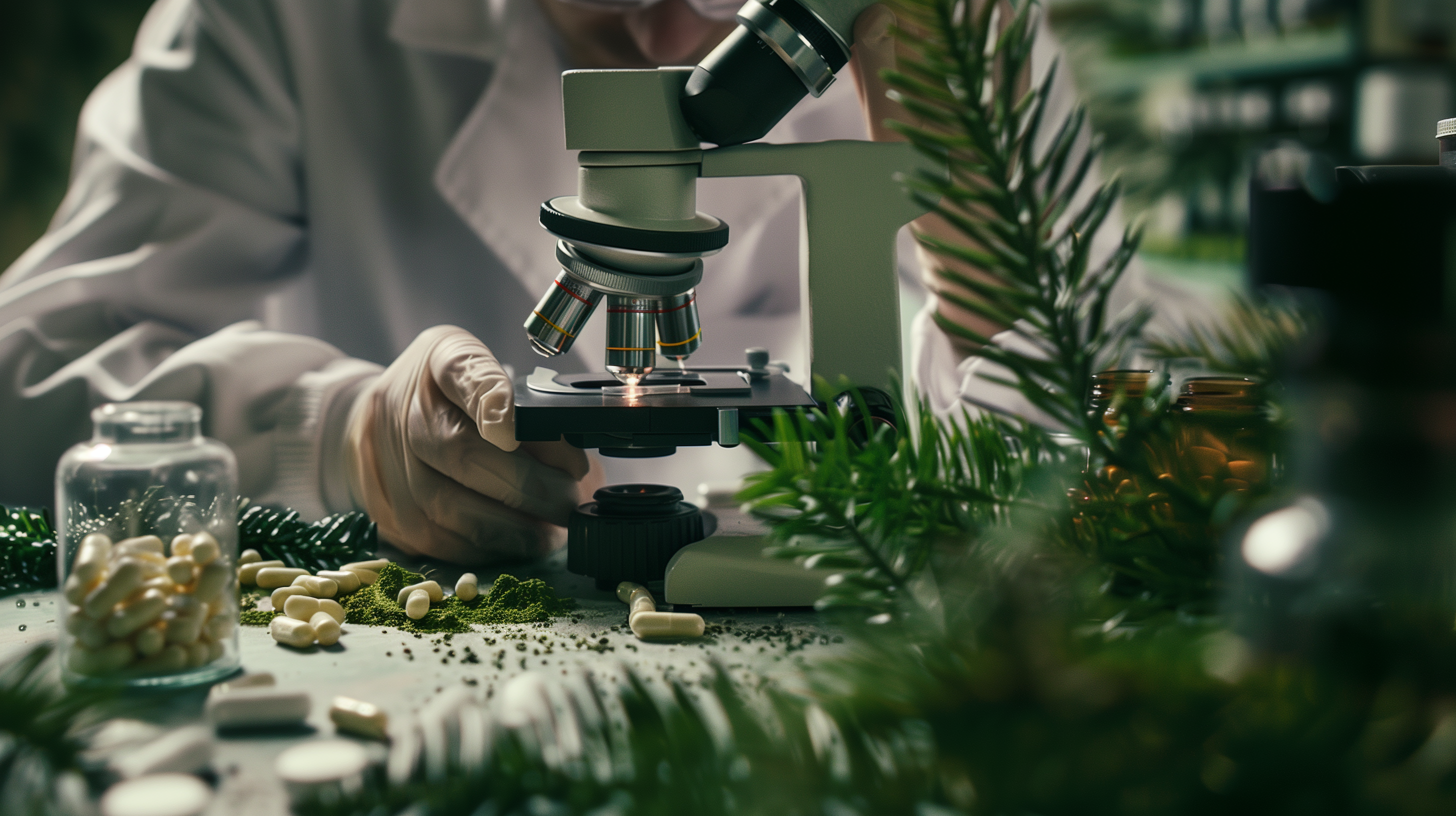 a scientist examining a guggul plant under a microscope