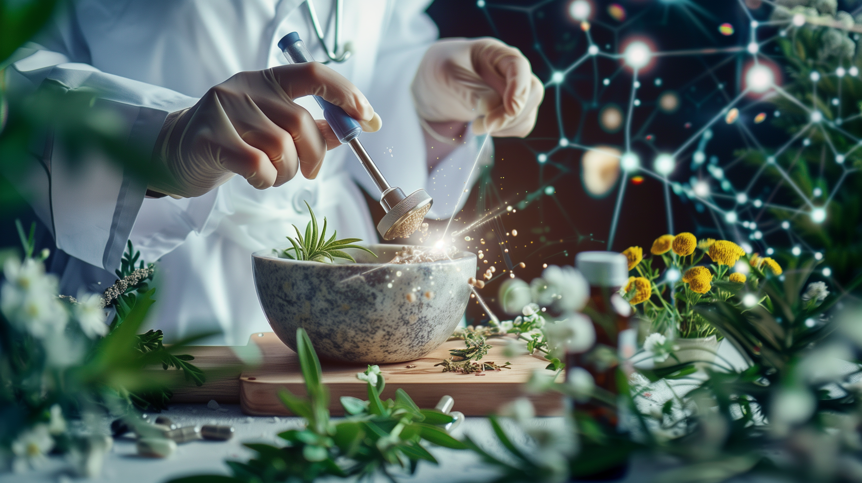 scientist using a mortar and pestle with herbs, surrounded by microcapsules and a magnifying glass