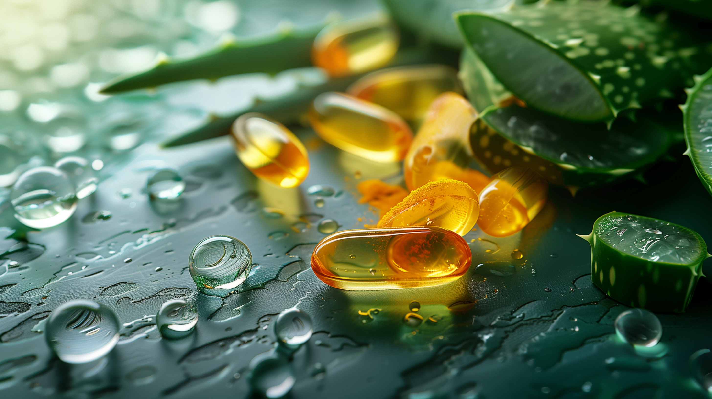 aloe vera, turmeric, and omega-3 fish oil capsules