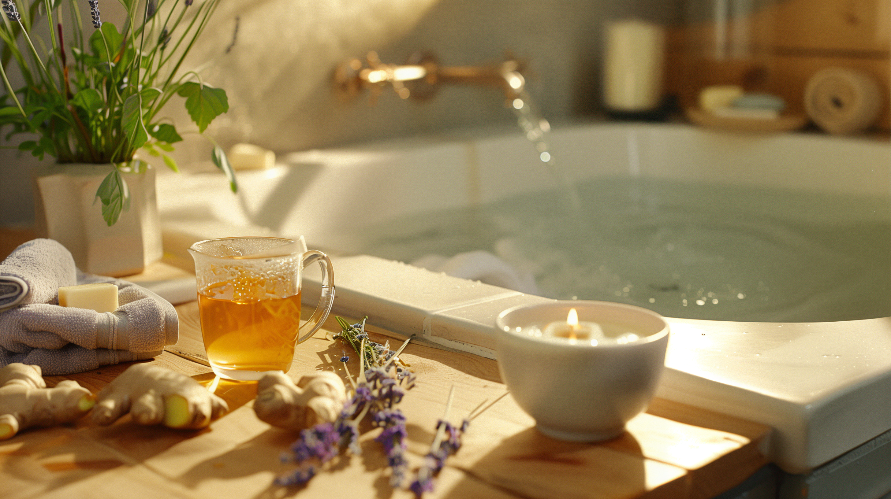 a serene bathroom setting with ginger tea on a vanity, a bath, and a calming lavender candle