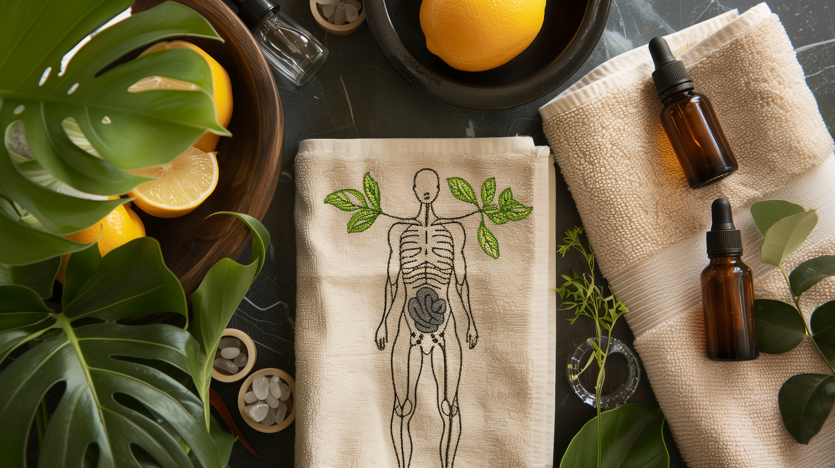 home spa setting with essential oils, a soft towel, and a diagram of lymph nodes on a body silhouette, surrounded by plants symbolizing growth and a bowl of citrus fruits for vitality.