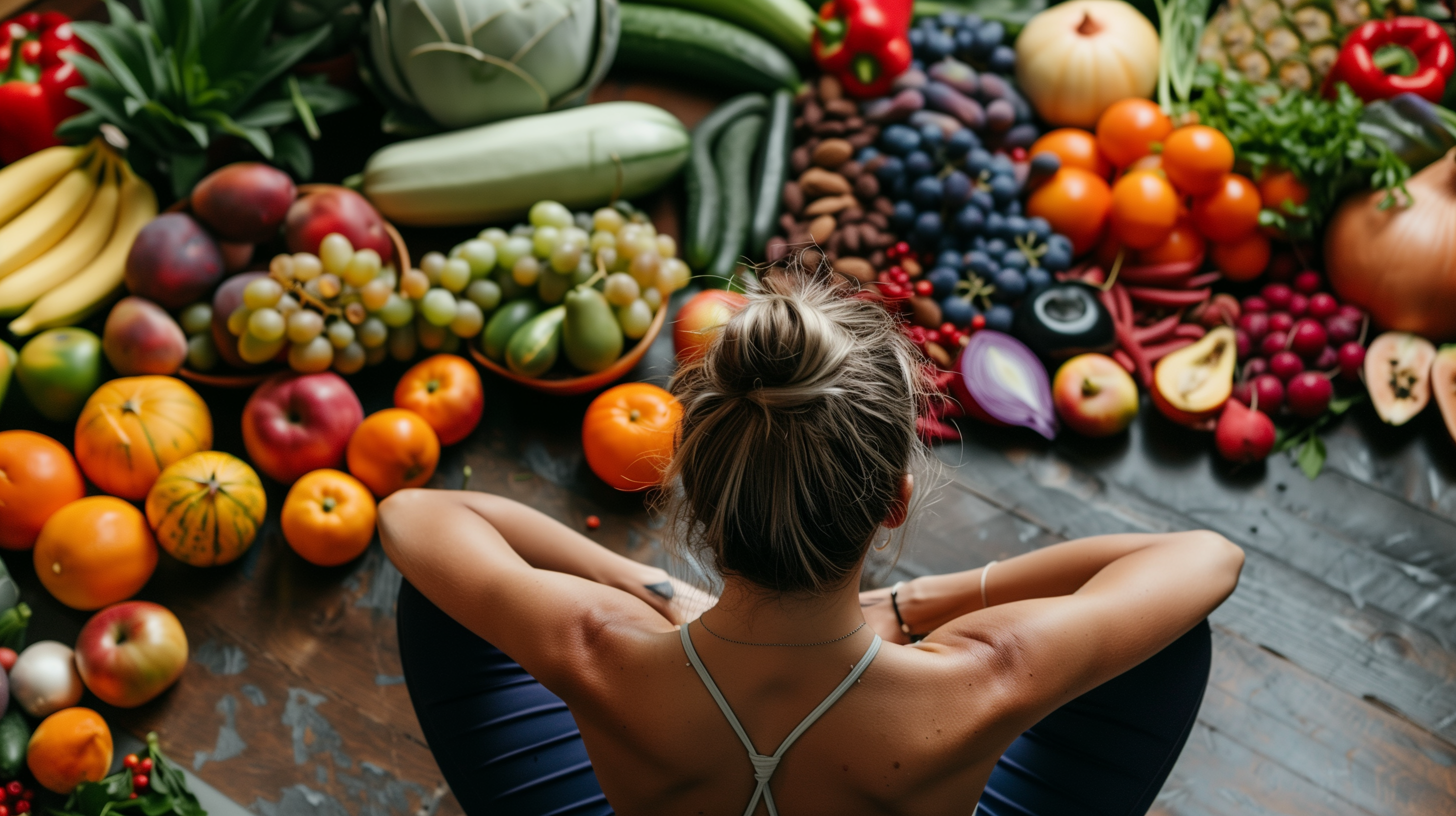 a serene person in a relaxed yoga pose, surrounded by vibrant fruits and vegetables