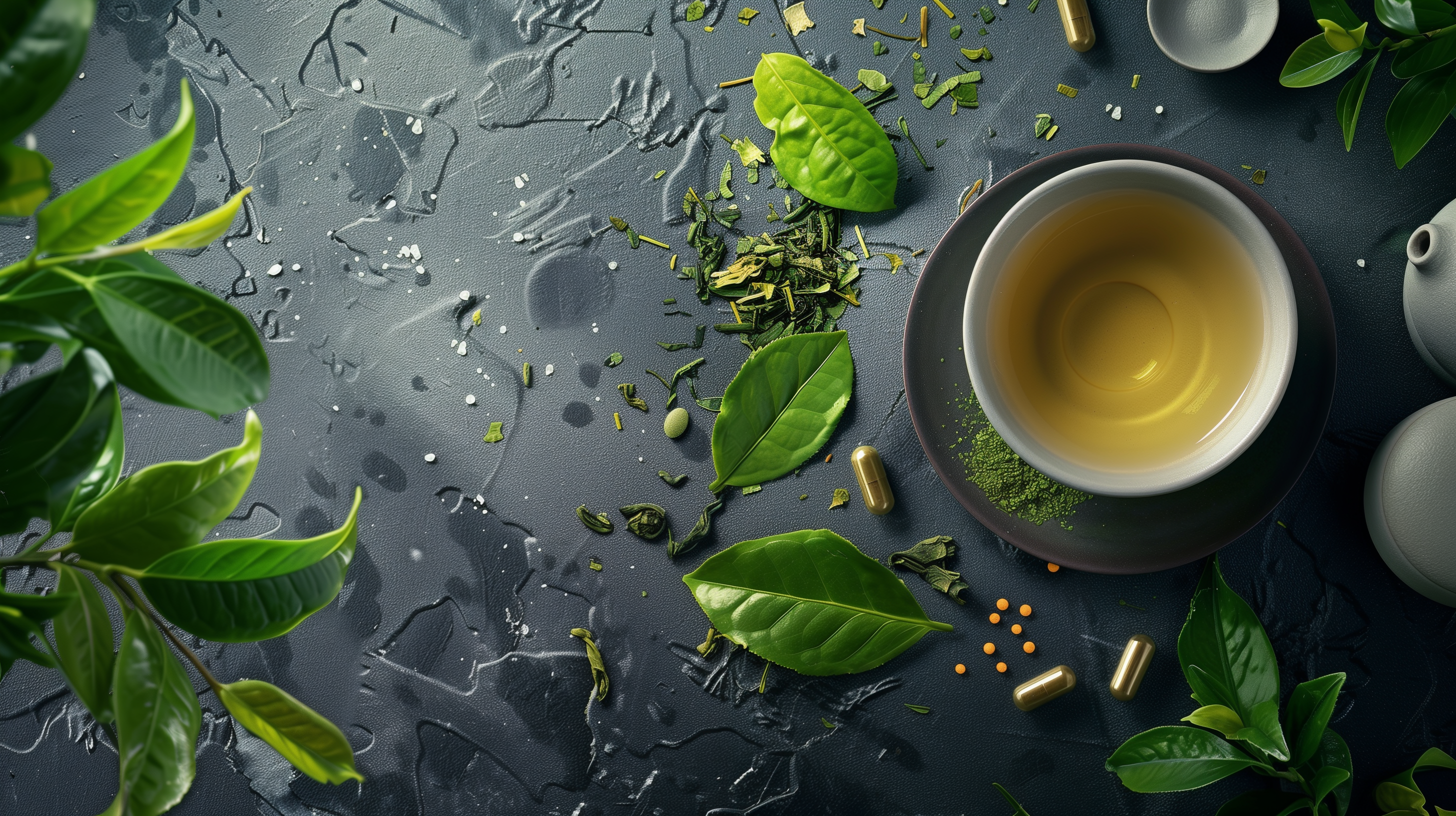 cup of green tea, surrounded by scattered green tea leaves and L-Theanine capsules