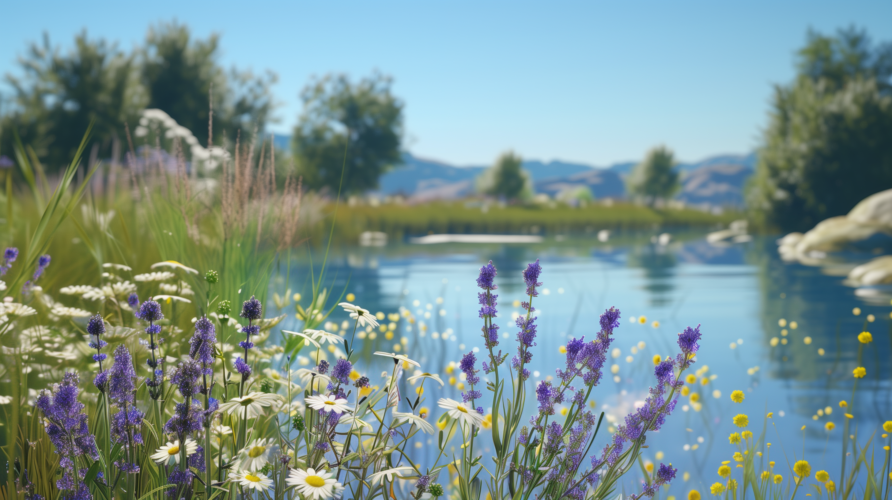 variety of herbs like lavender, chamomile, and ashwagandha, next to a lake