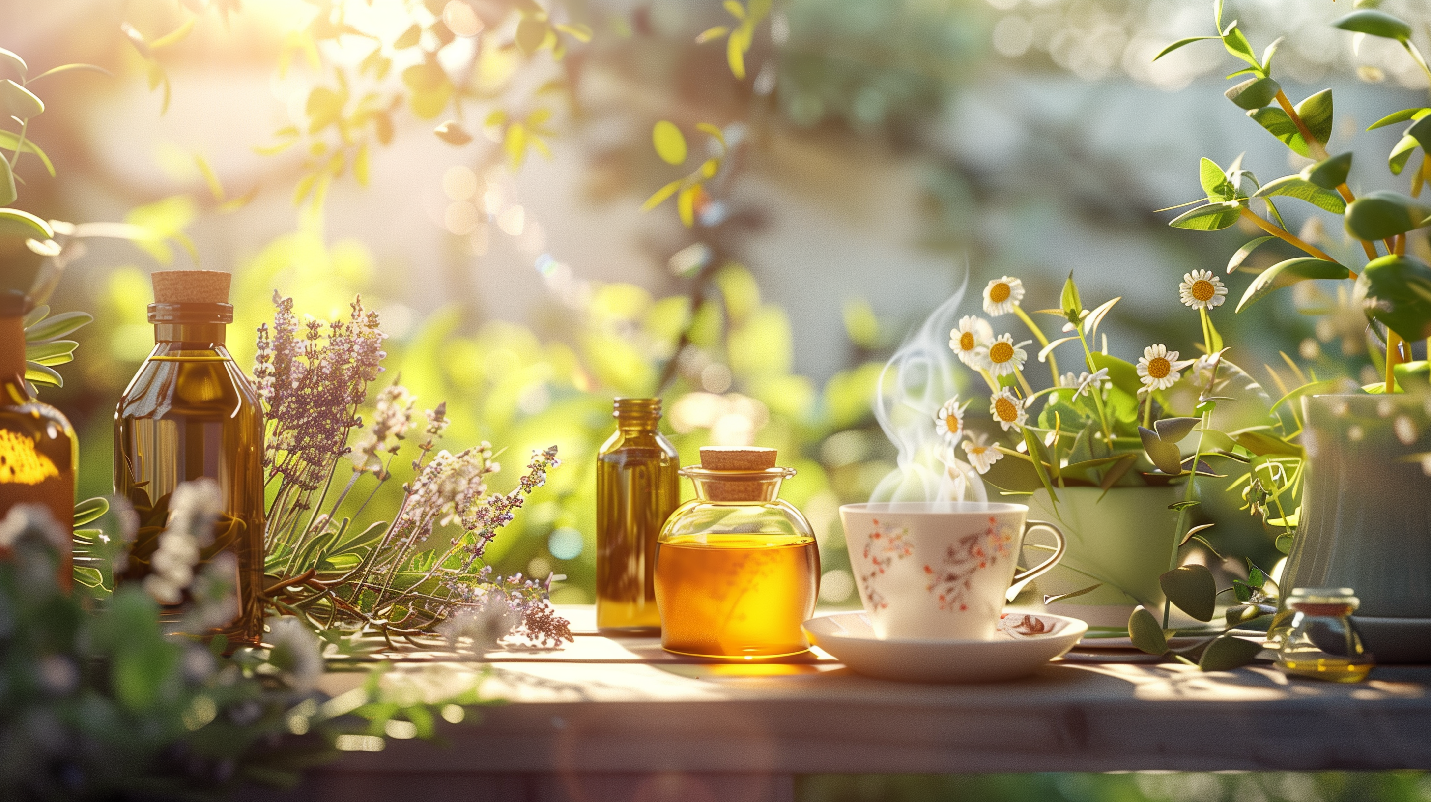 bottles of herbal supplements like Ashwagandha, Lavender, and Chamomile, and cup of tea