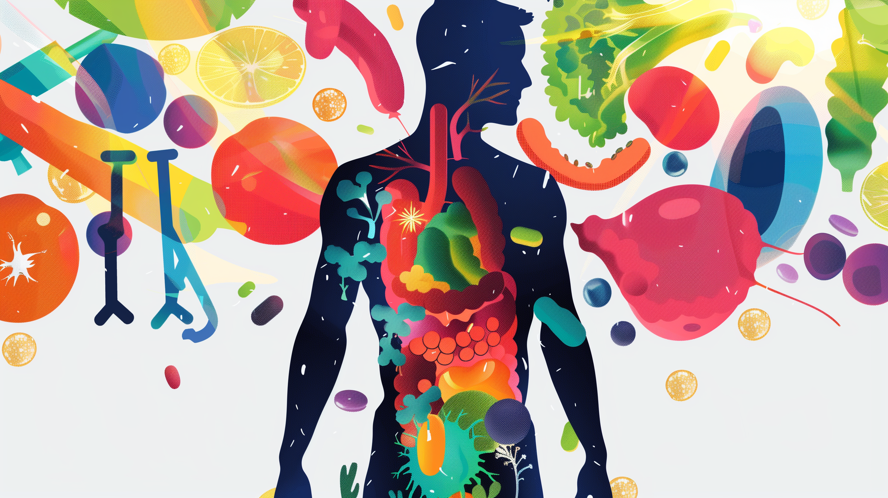silhouette of a man, surrounded by vibrant gut bacteria, fruits, vegetables, and yogurt