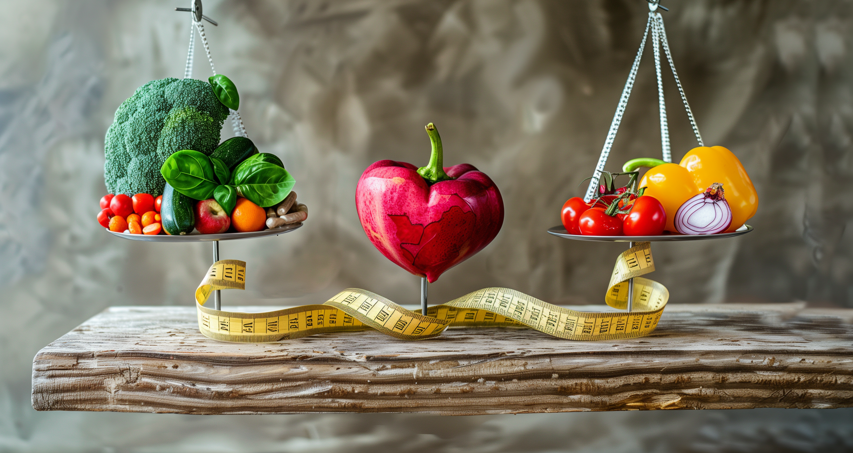 balancing scales, one side with fruits and vegetables, the other with probiotic supplements