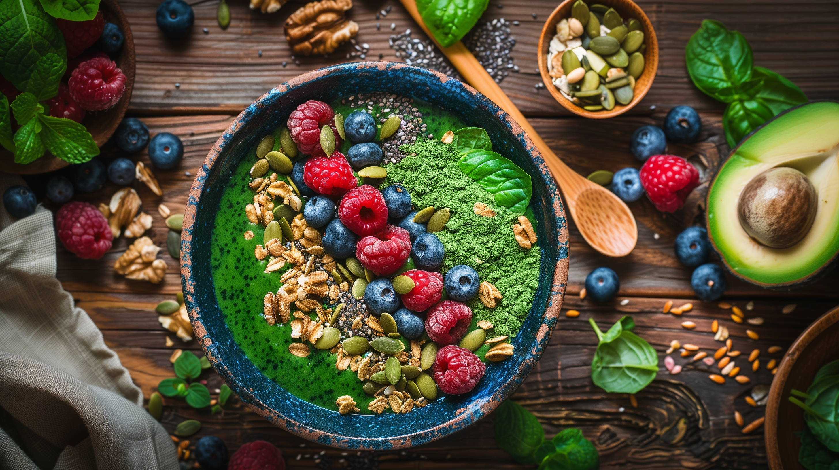 a smoothie bowl, topped with nuts, seeds, fruit, and vibrant green powder