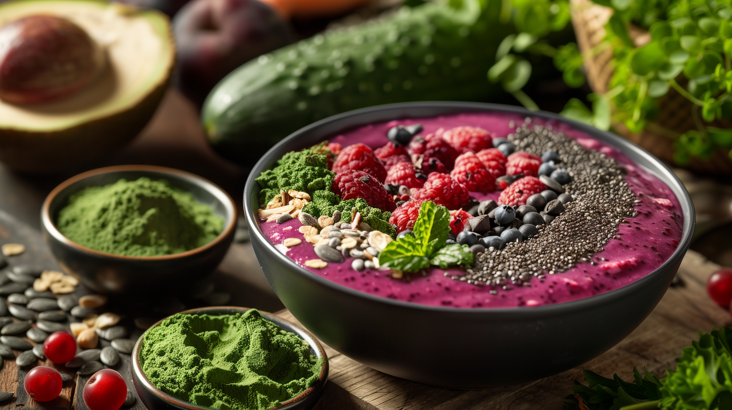 smoothie bowl, rich in color, topped with seeds and nuts, with a scoop of vibrant green superfood