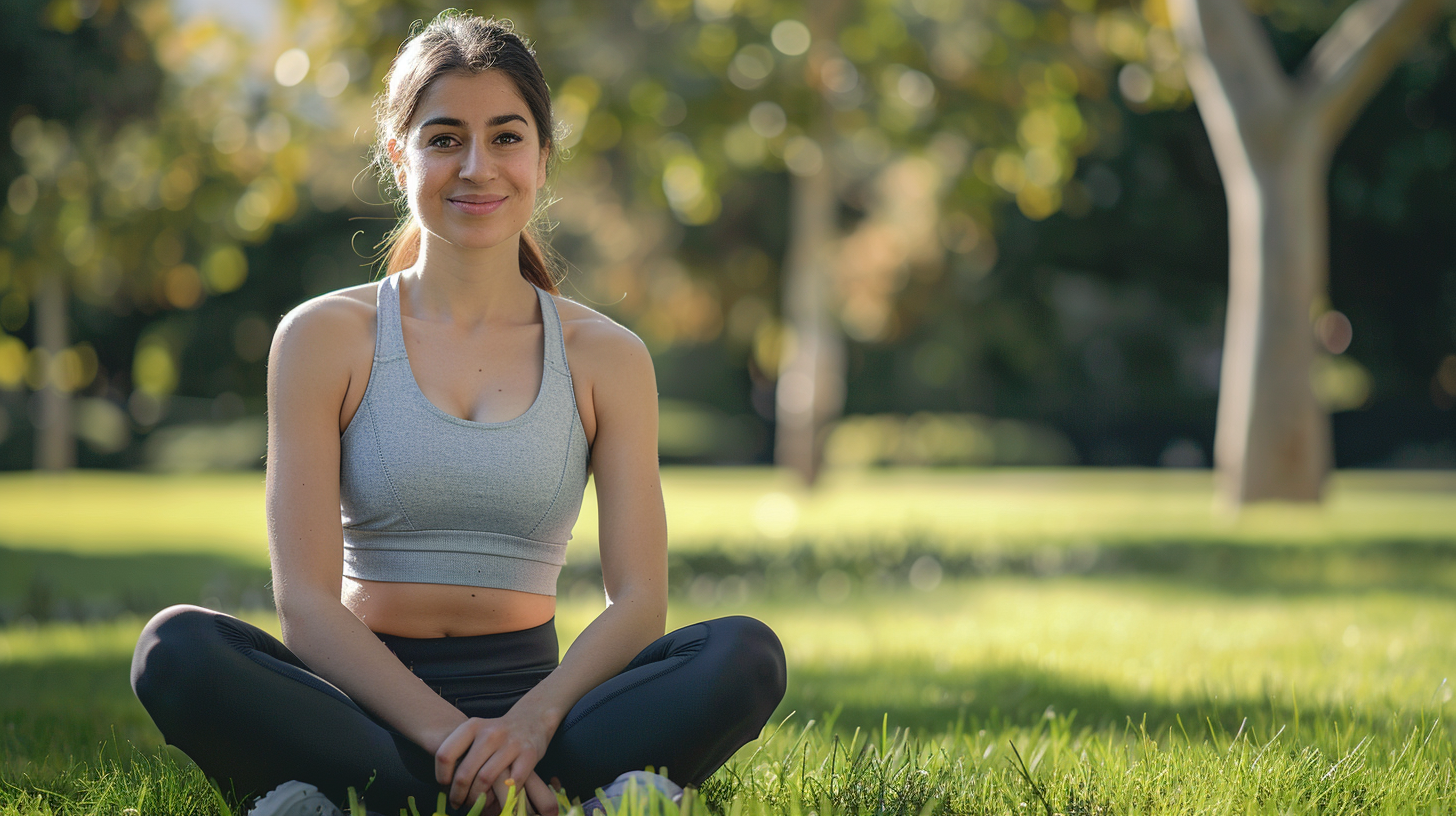 a woman in workout clothes sitting at the park, about to work out