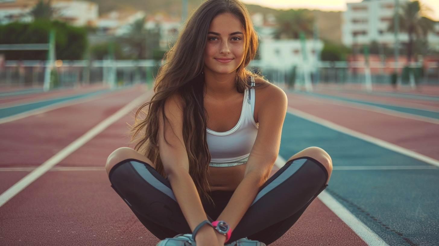 a girl sitting on the track about to start a HIIT workout