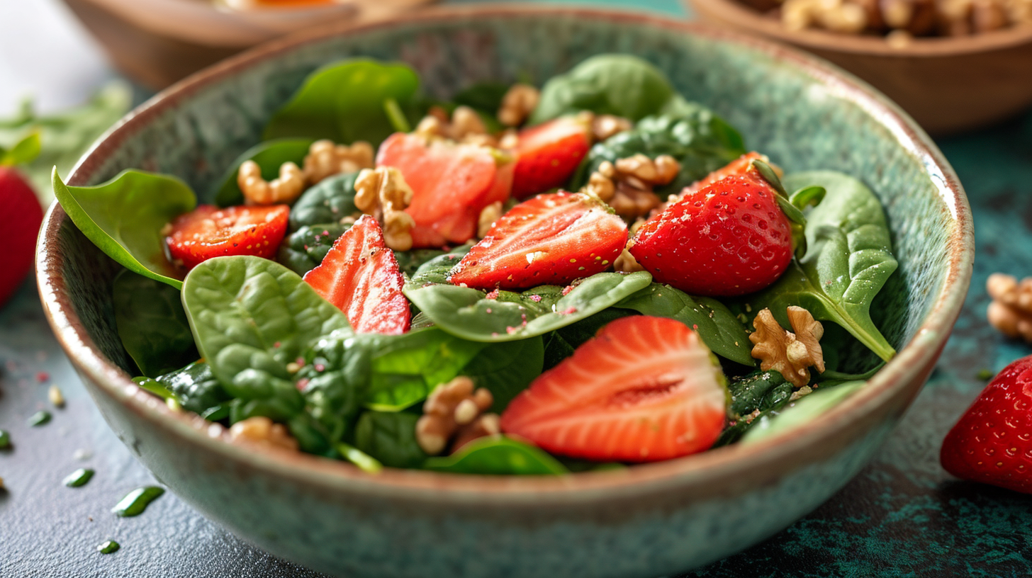 a spinach salad with strawberries and walnuts
