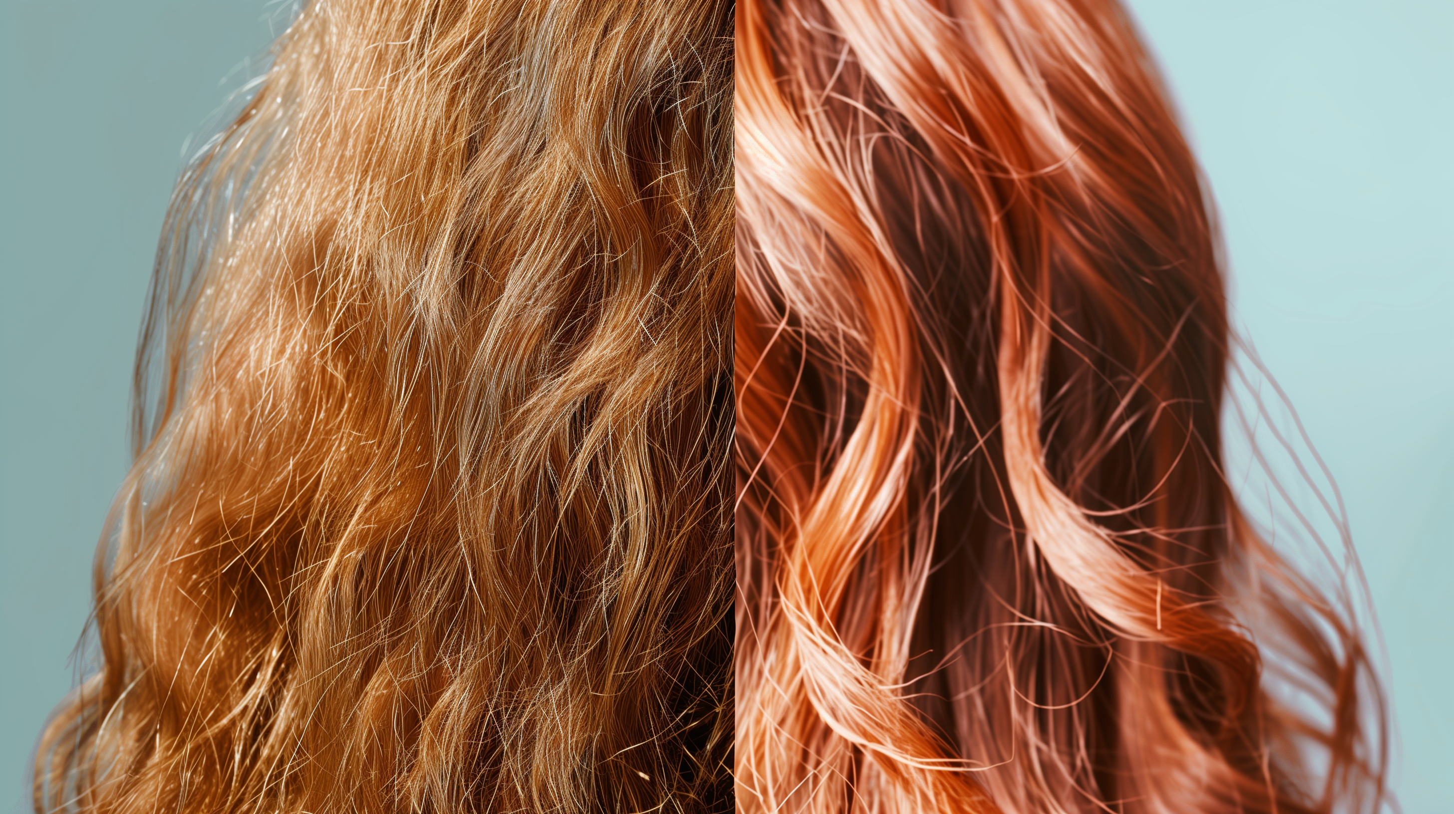 split-screen image: on the left, dull, brittle hair; on the right, luscious, shiny locks. Highlight the contrast with a clear, vibrant distinction in hair health and texture