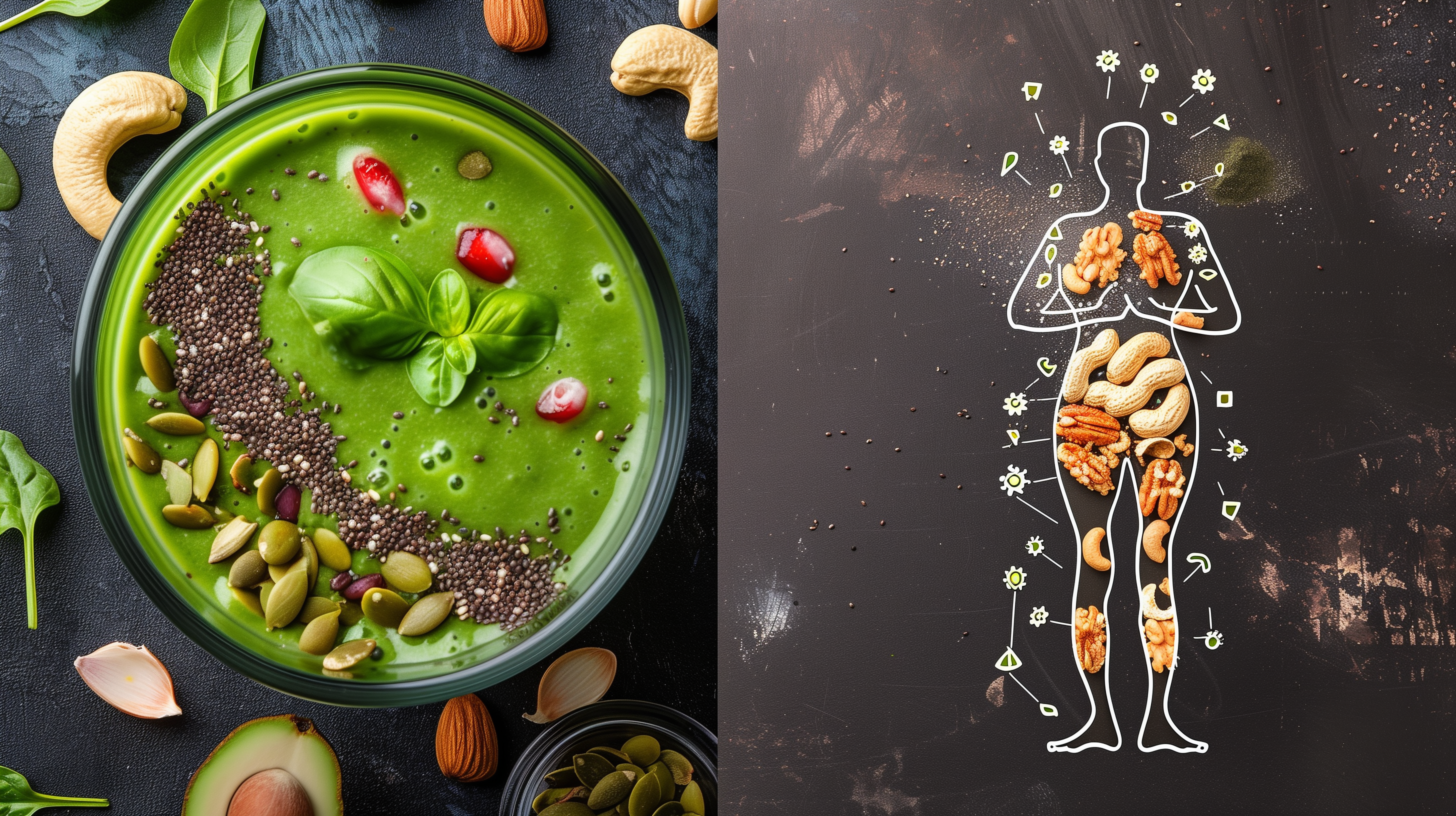 one side vibrant green smoothie with superfoods, the other side showing a distressed stomach silhouette