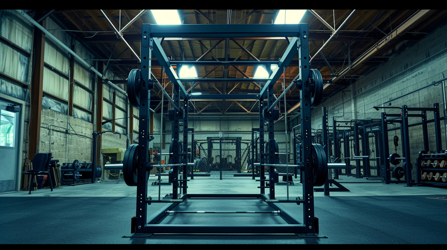 a squat rack at a dimly lit gym