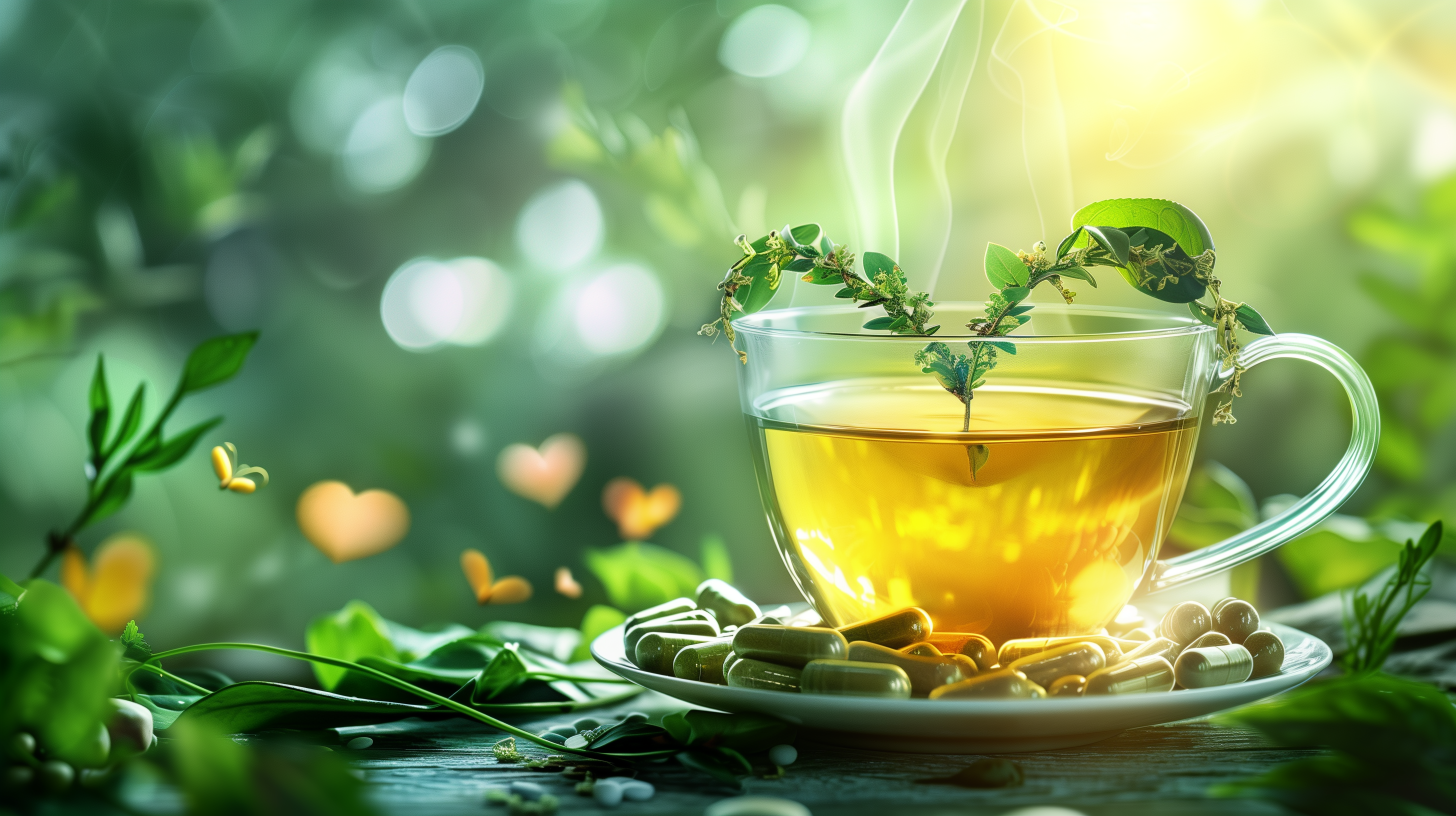 steaming cup of green tea, surrounded by fresh green tea leaves