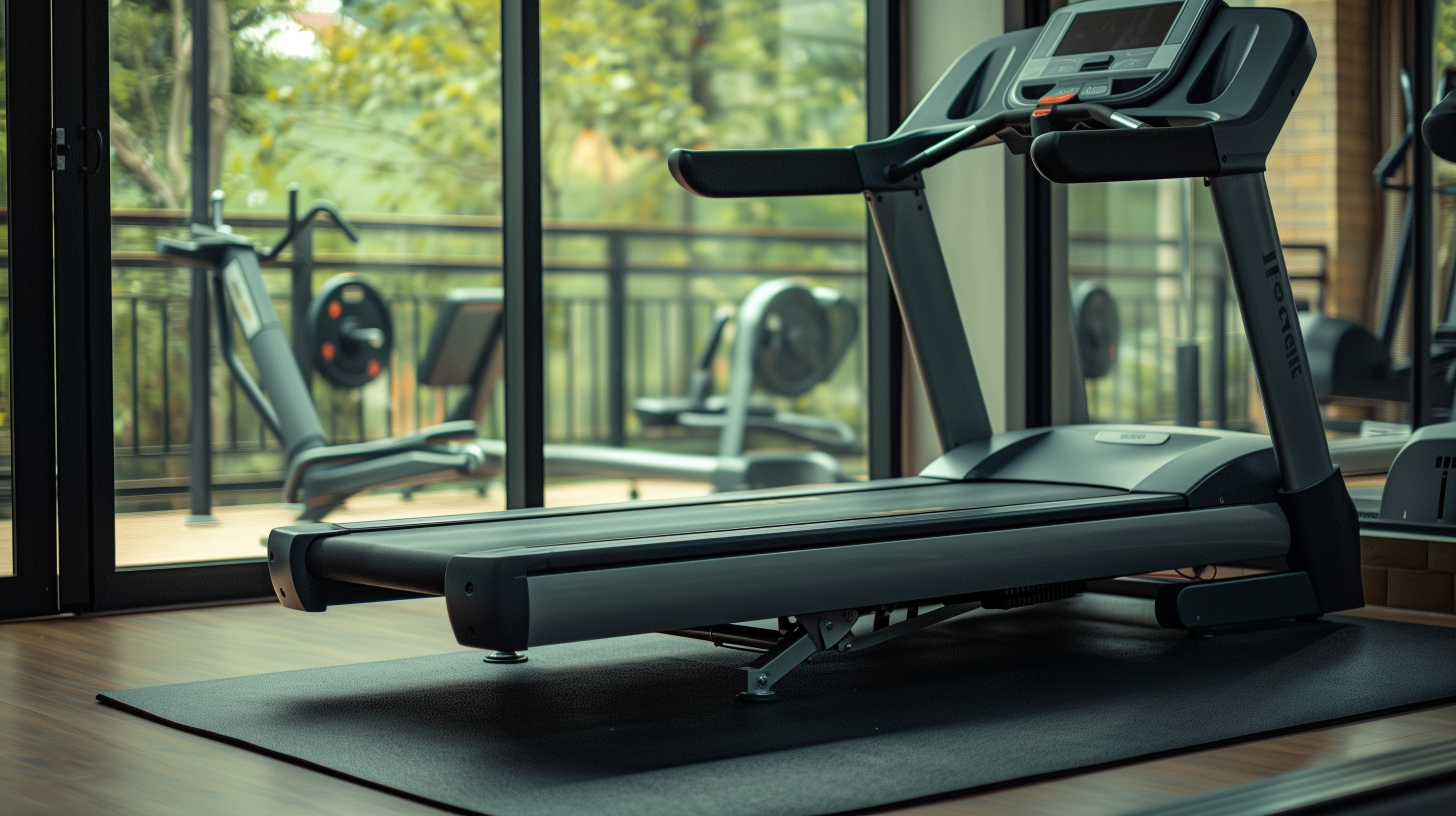 a treadmill in a small, community gym