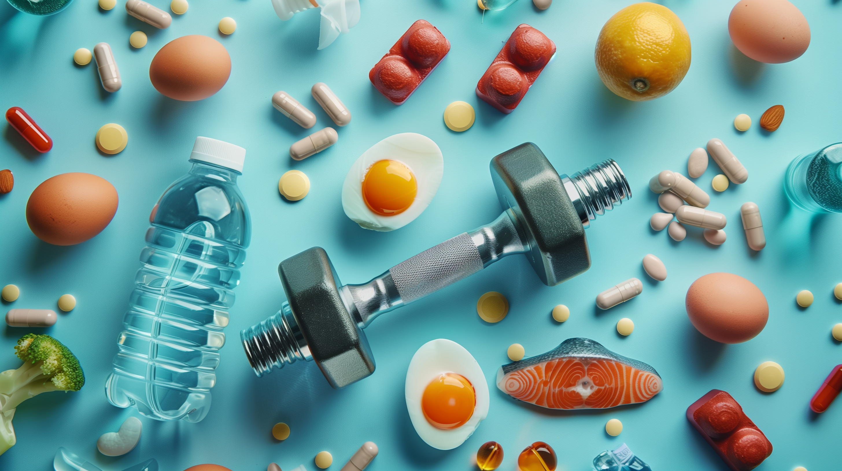 supplement capsules, a dumbbell, and a transparent water bottle, and high-protein foods