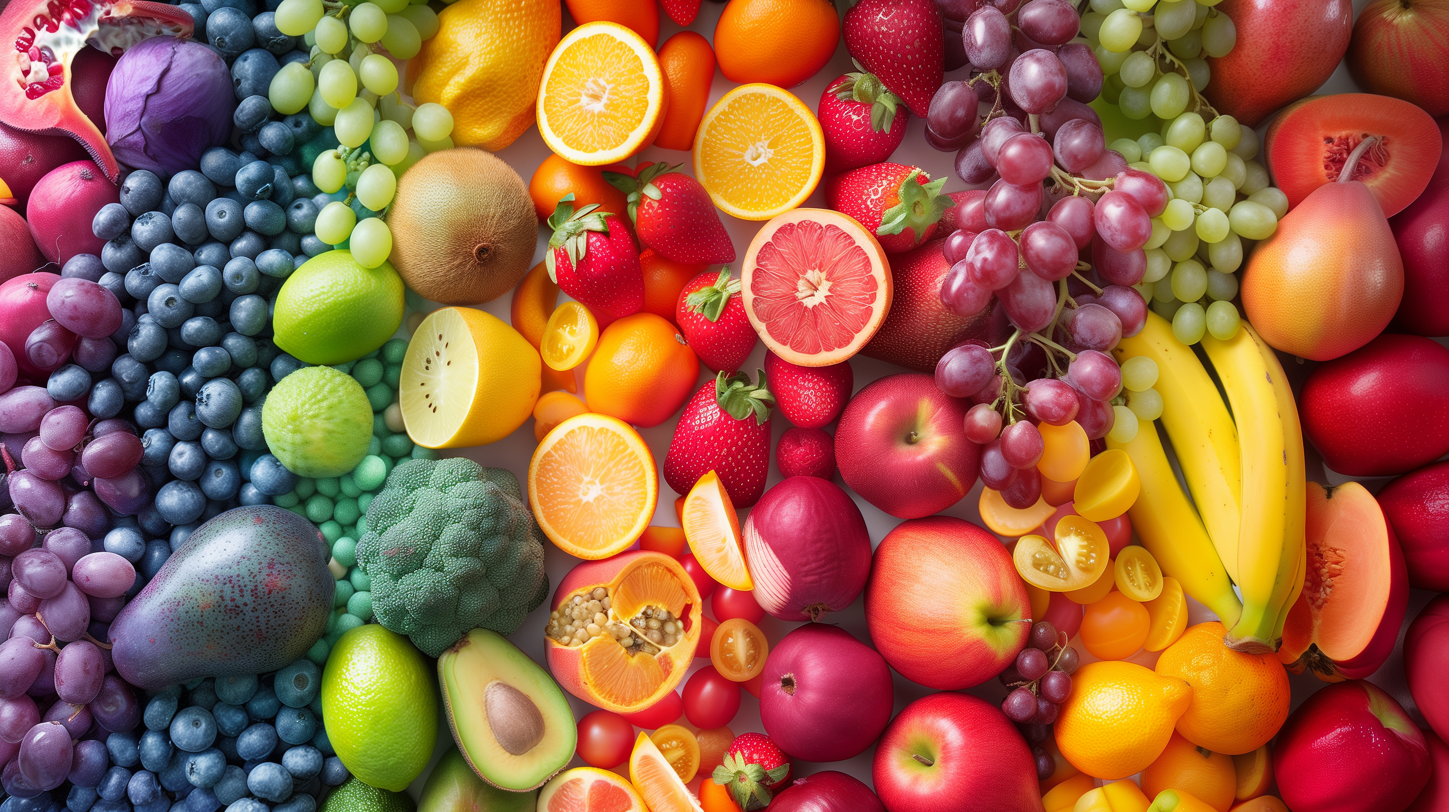 a variety of colorful, distinct fruits, each representing a different digestive enzyme type