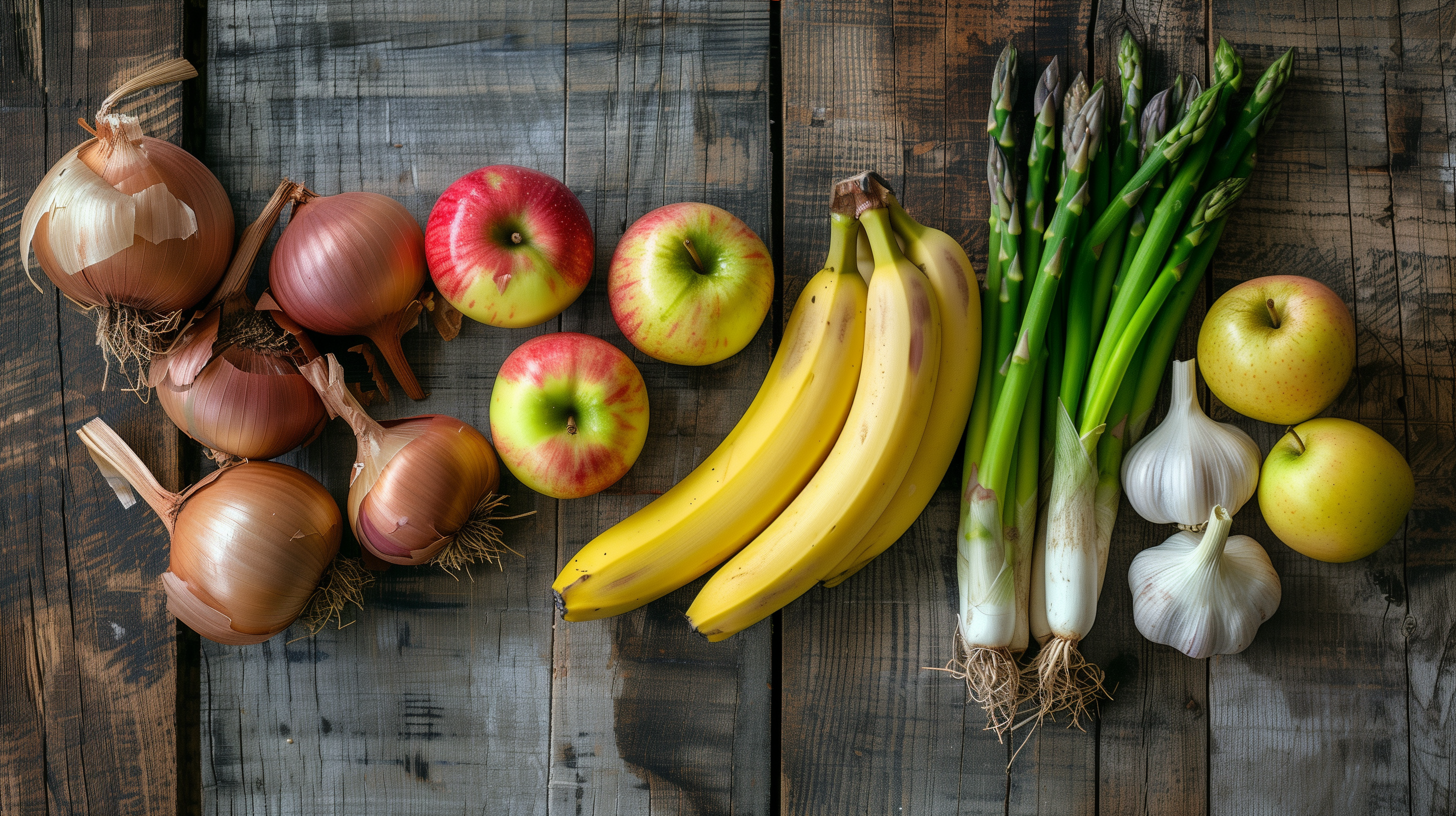 variety of prebiotic-rich foods--garlic, onions, bananas, apples, and asparagus