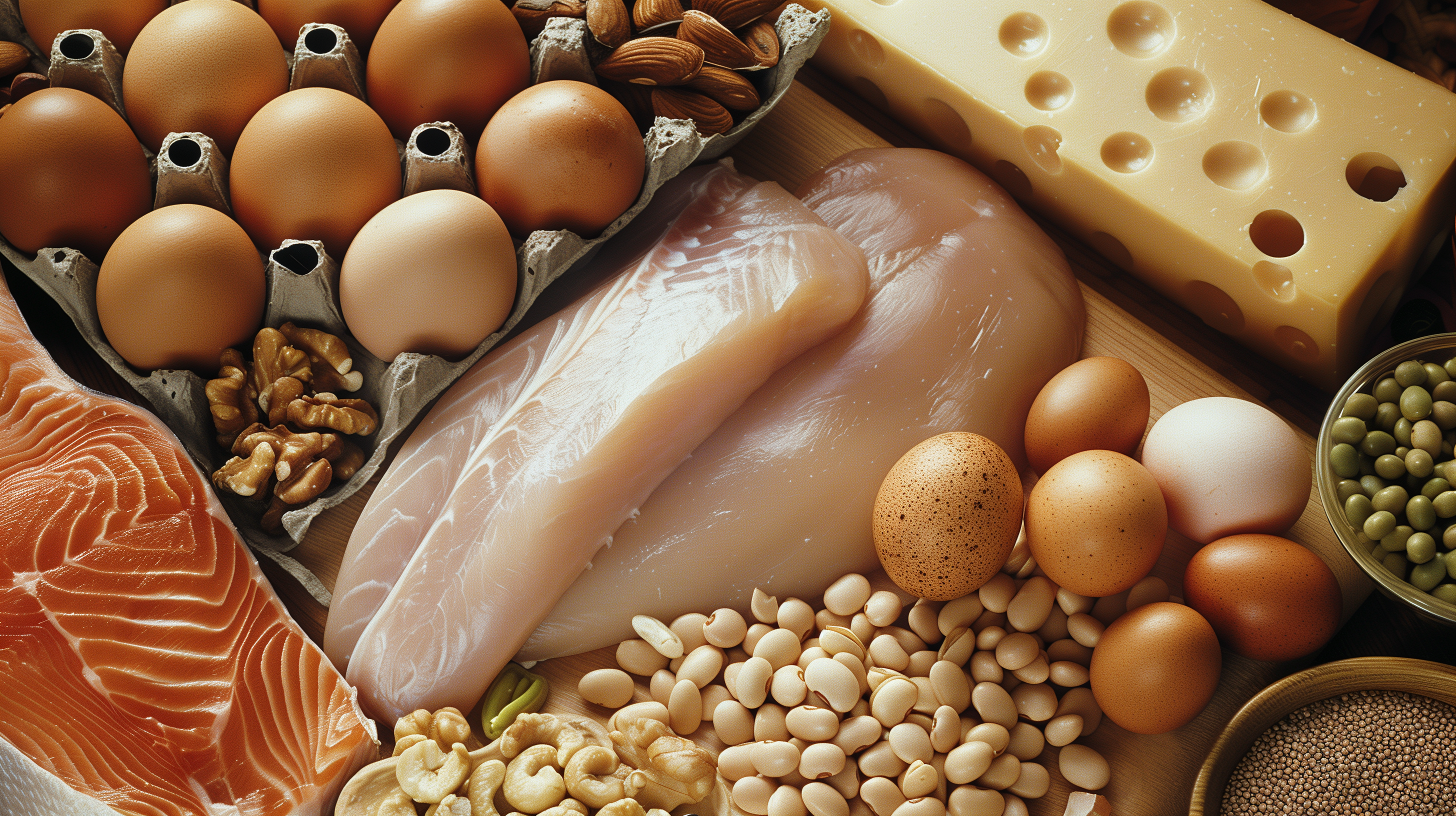 a variety of protein-rich foods (chicken, fish, beans, eggs, and nuts)
