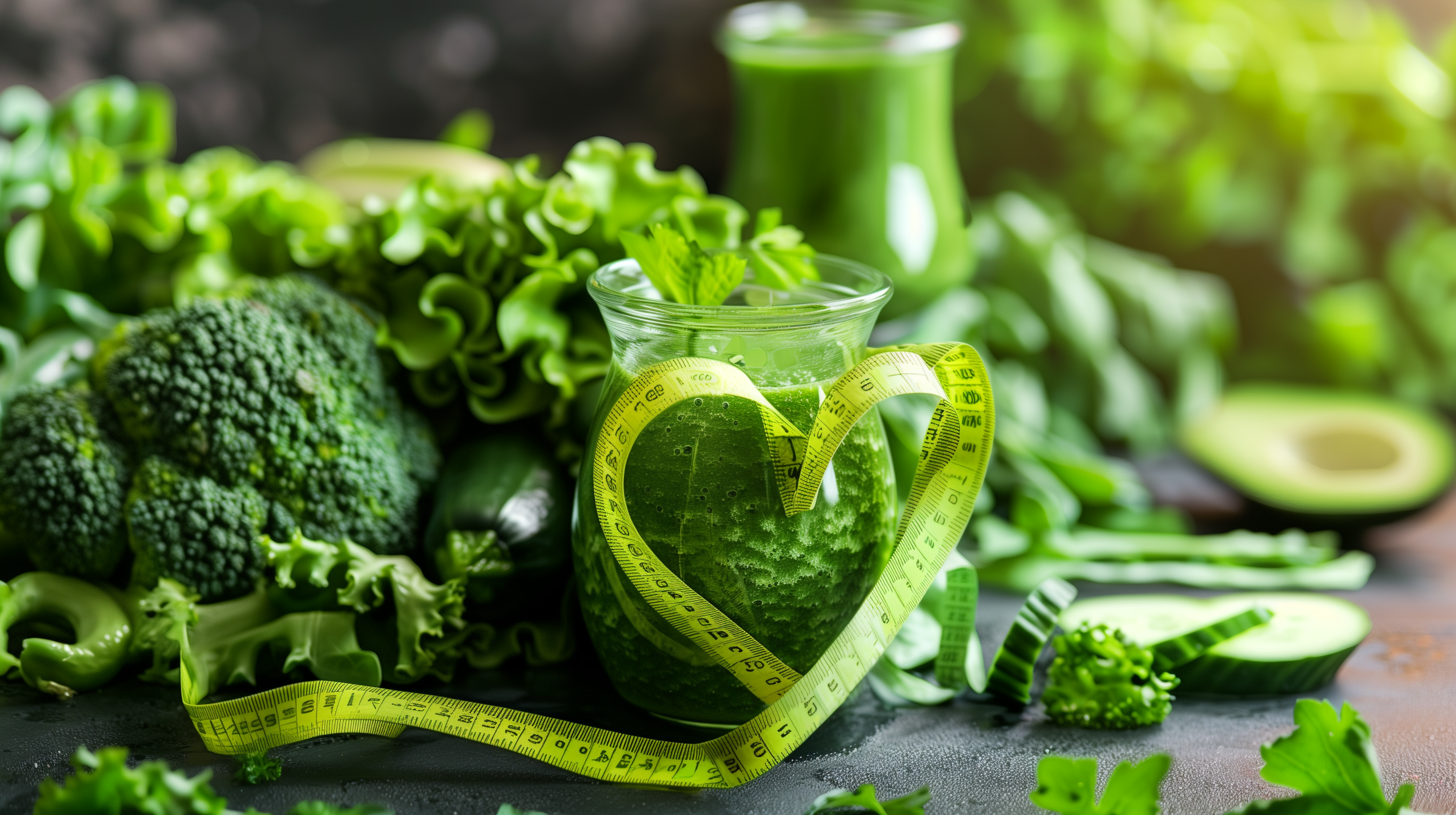 vibrant green vegetables, a measuring tape forming a heart shape around them