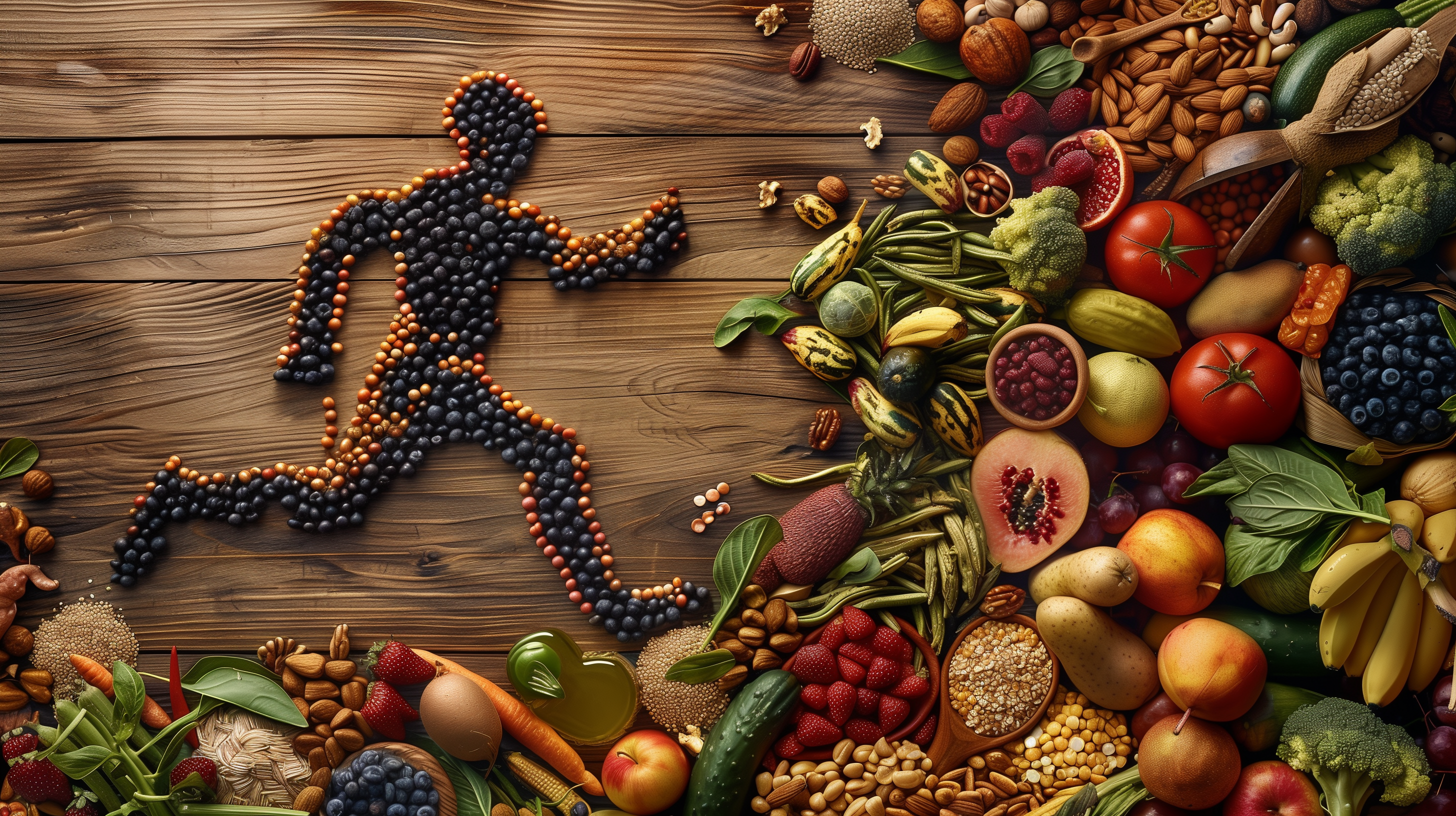 variety of whole grains, fruits, and vegetables artistically arranged around a silhouette of a running athlete