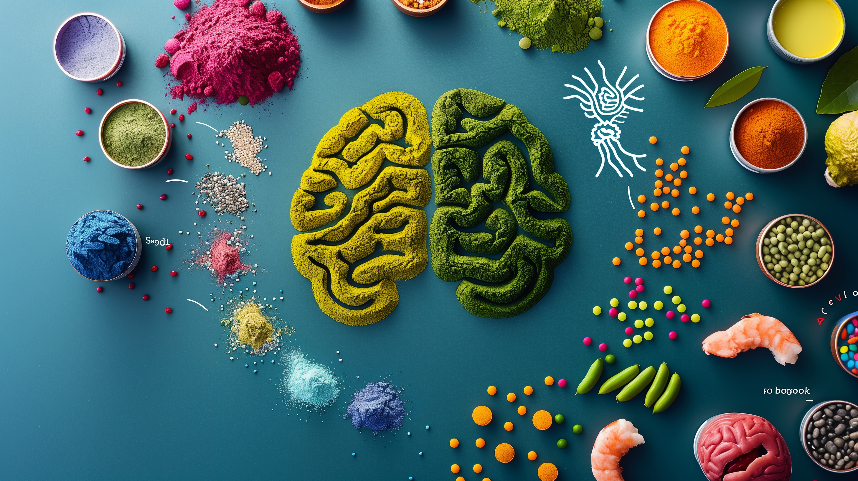 vibrant assortment of superfood powders in a brain shape