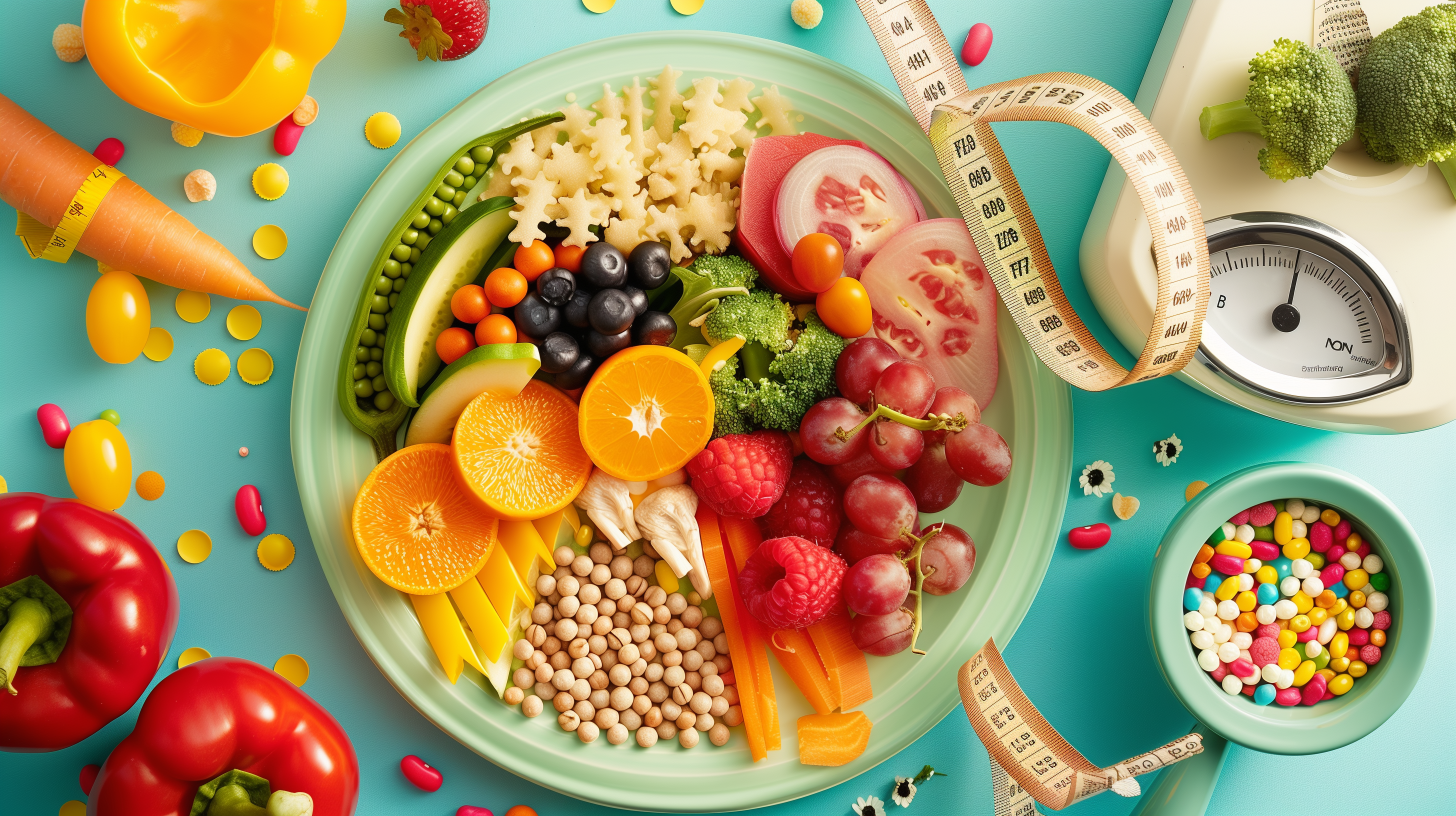 balanced plate divided into sections containing fruits, vegetables, whole grains, and lean proteins, beside a scale