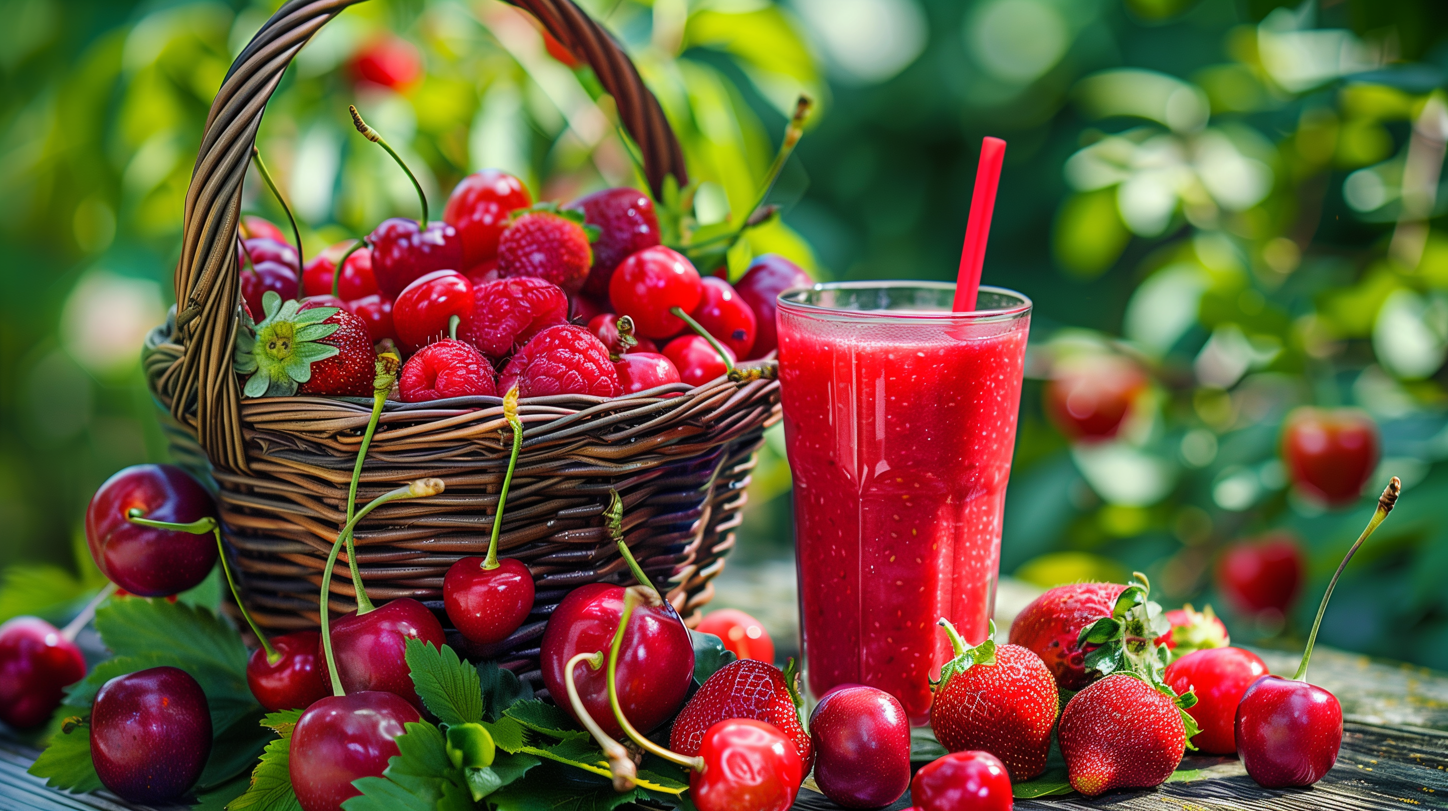 basket overflowing with red fruits – strawberries, cherries, raspberries, glass of red smoothie