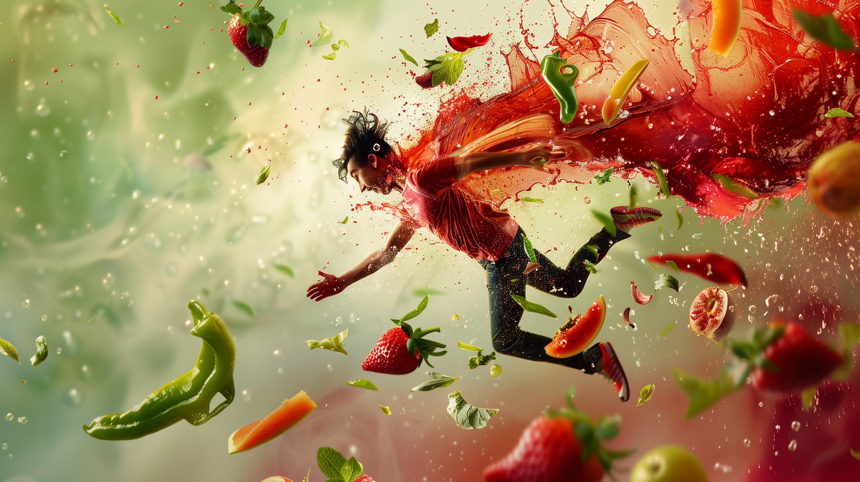 ibrant, energetic person mid-jump with a backdrop of fresh red and green vegetables and fruits blending into a whirl of liquid