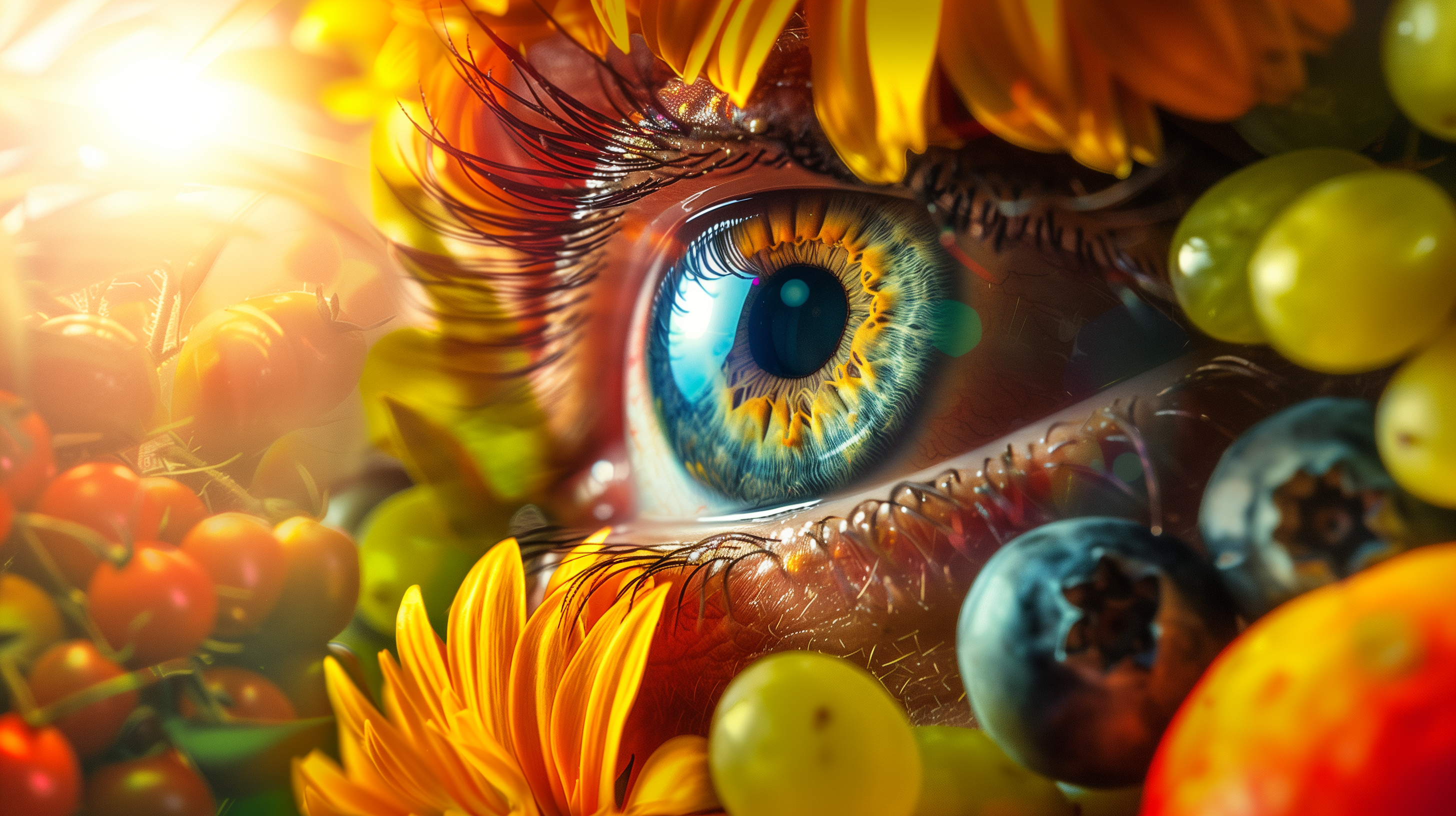 healthy human eye reflecting a shield, surrounded by colorful fruits and vegetables rich in Vitamins A, D, E, and K