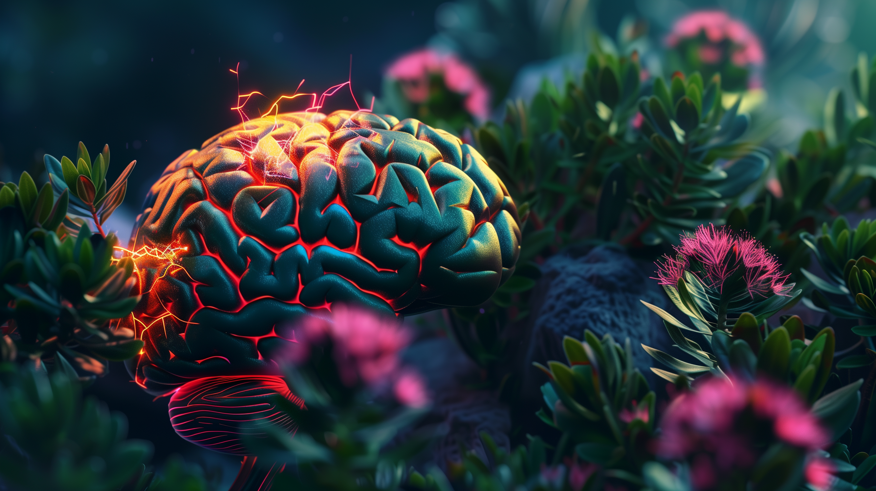 vibrant human brain illuminated and intertwined with flourishing Rhodiola rosea plants