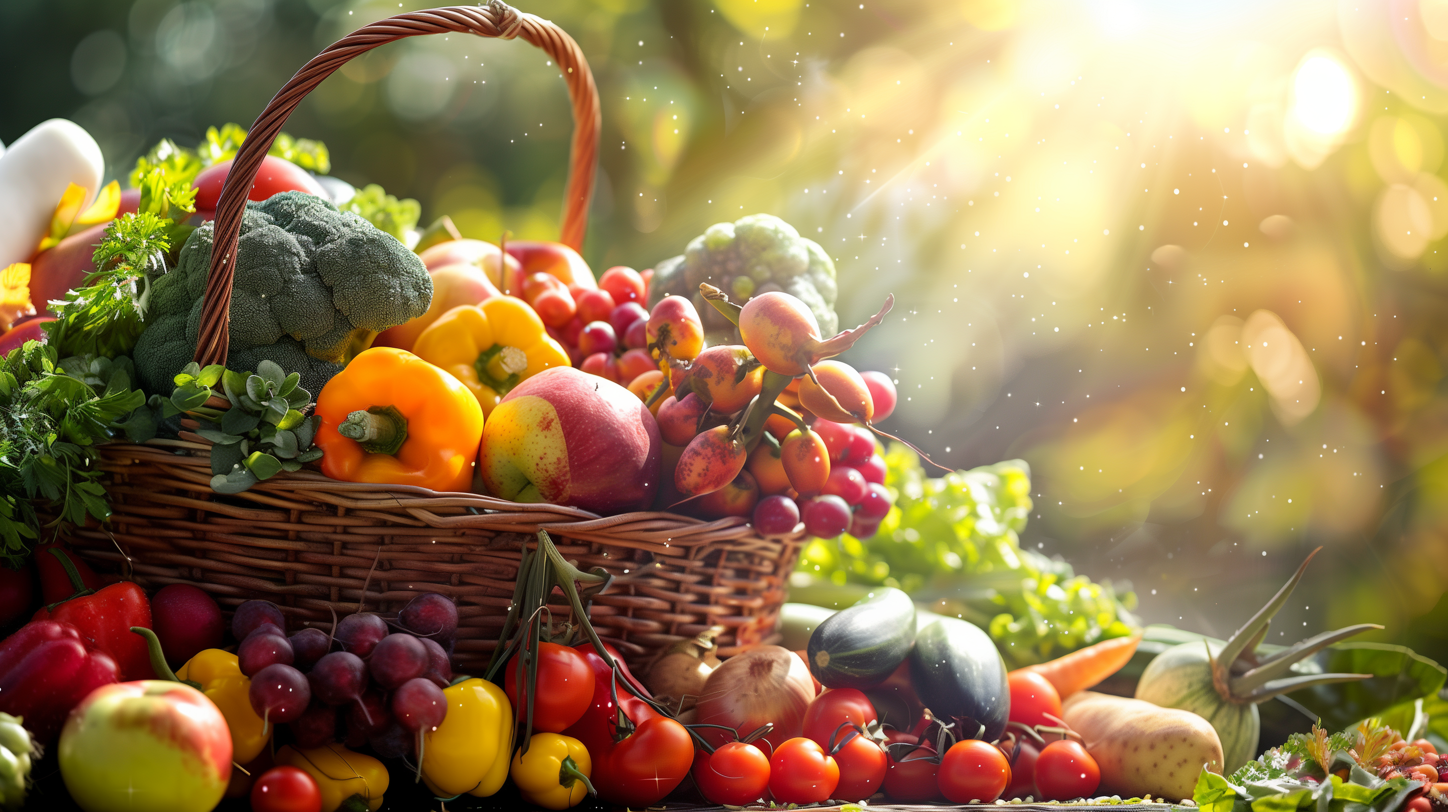 basket of fruits, vegetables, and herbs, with sunlight