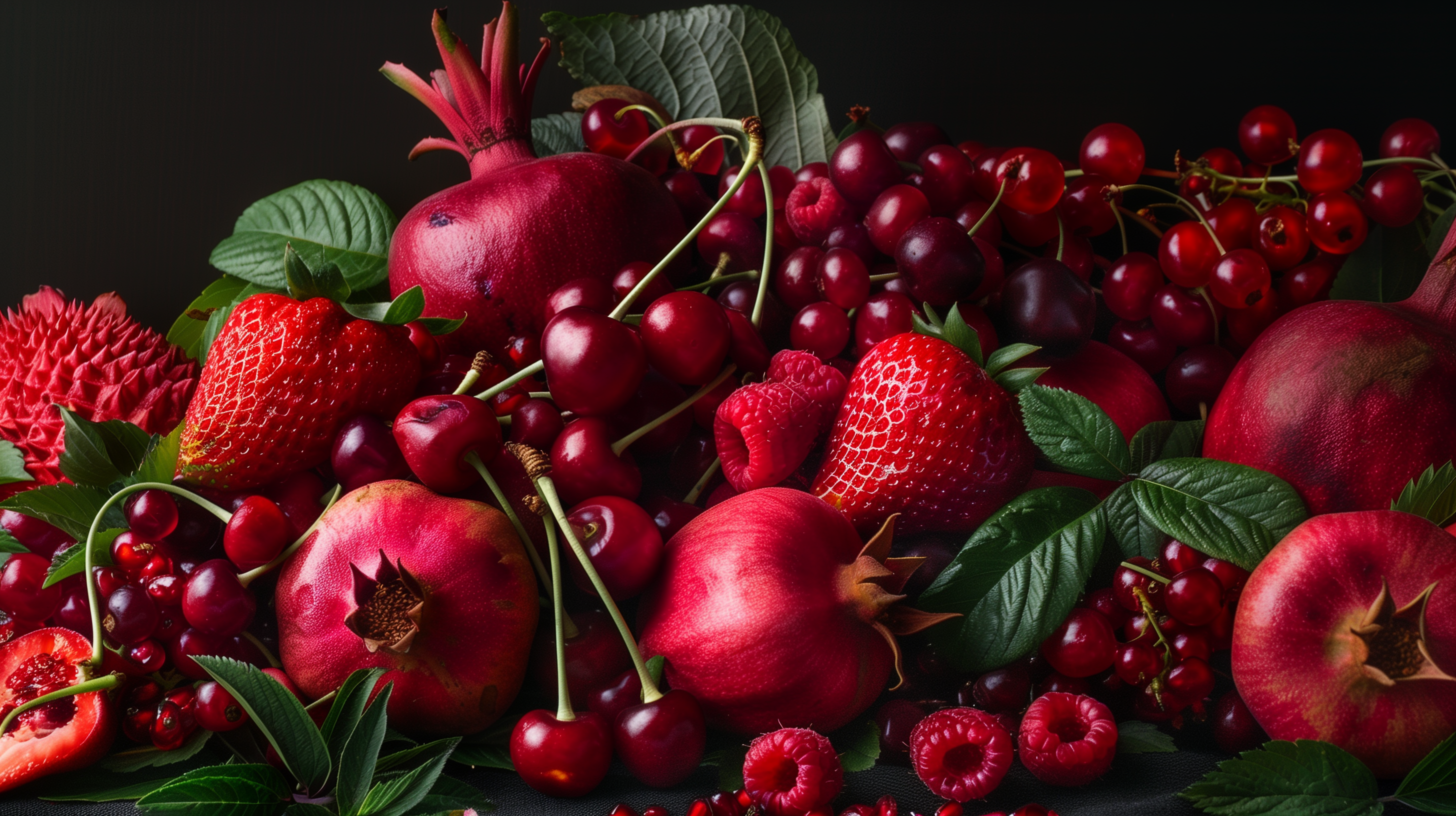 overflowing cornucopia of deep red superfoods: raspberries, strawberries, cherries, beets, and pomegranates