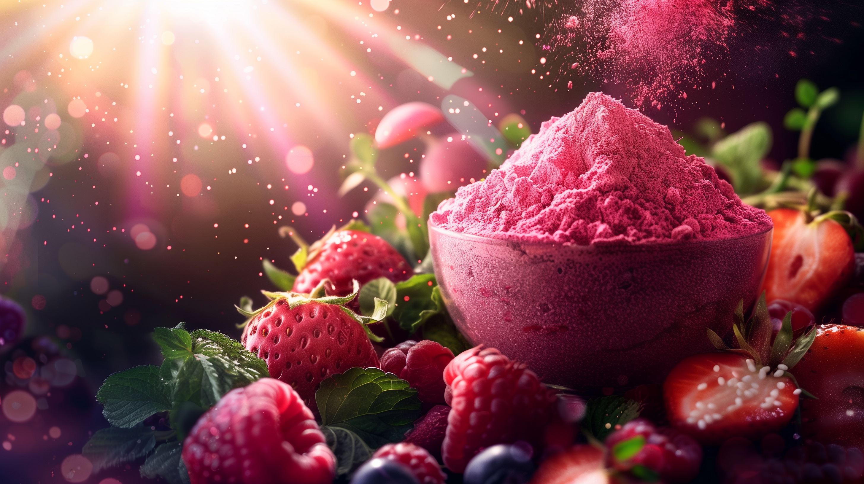powdered supplement against a background of its key ingredients: beets, acai berries, raspberries, and strawberries