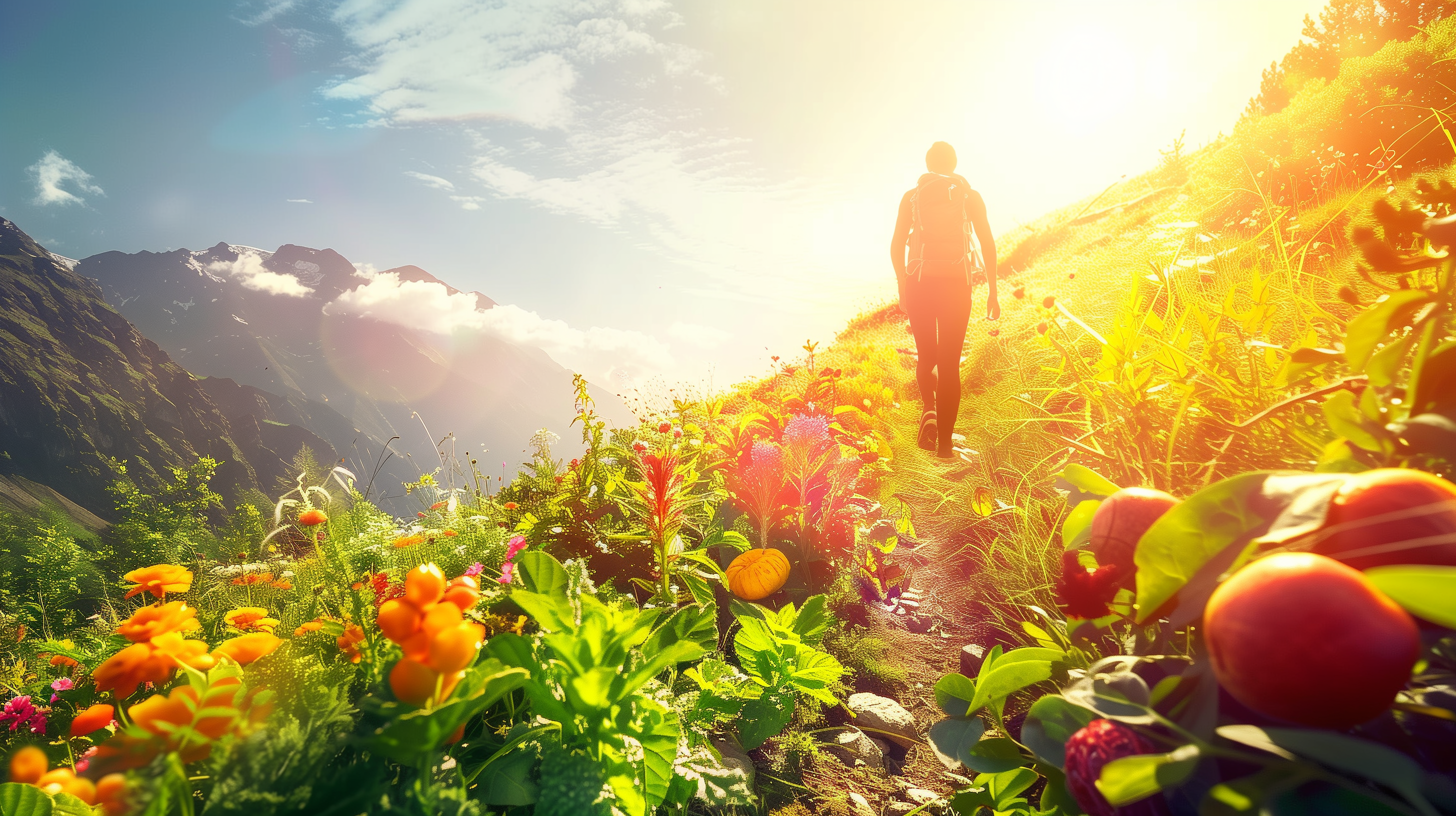 person hiking on a sunny mountain trail