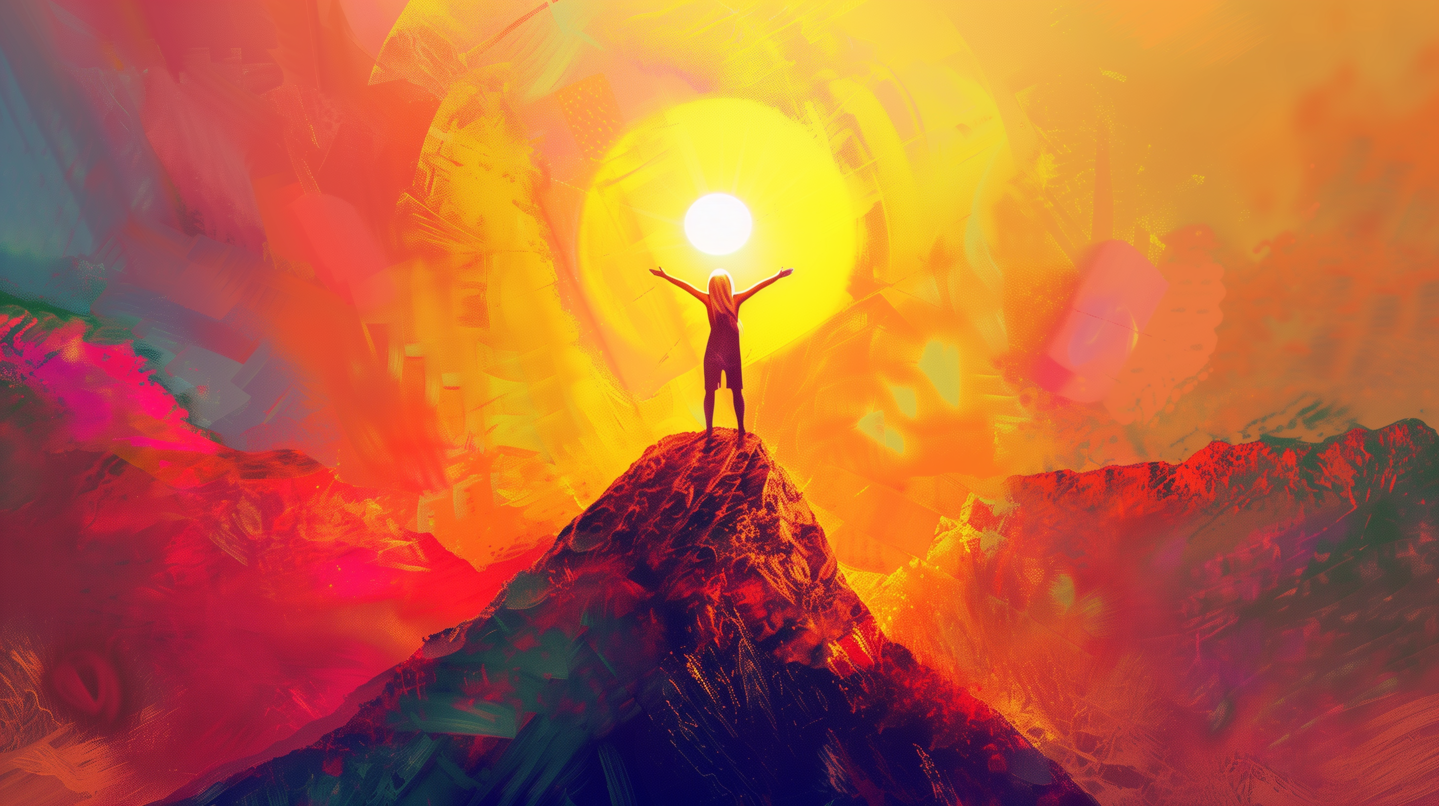 vibrant person standing on a peak, with a radiant sun