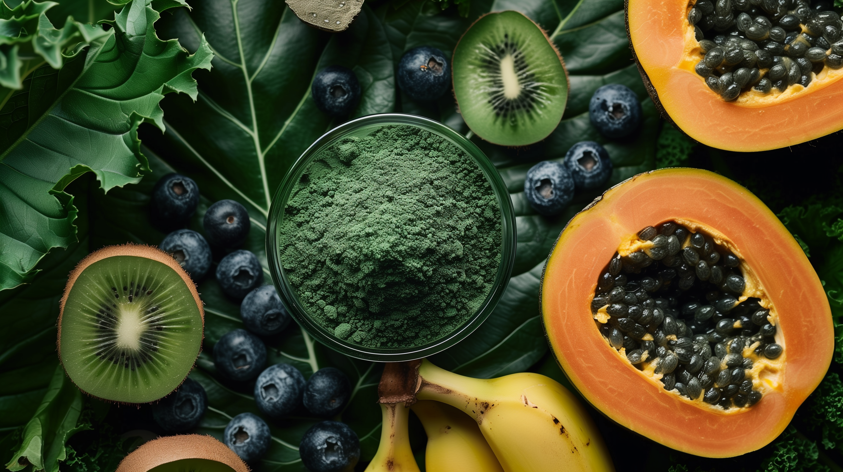vibrant scoop of green superfood powder overflowing, surrounded by an array of gut-friendly fruits