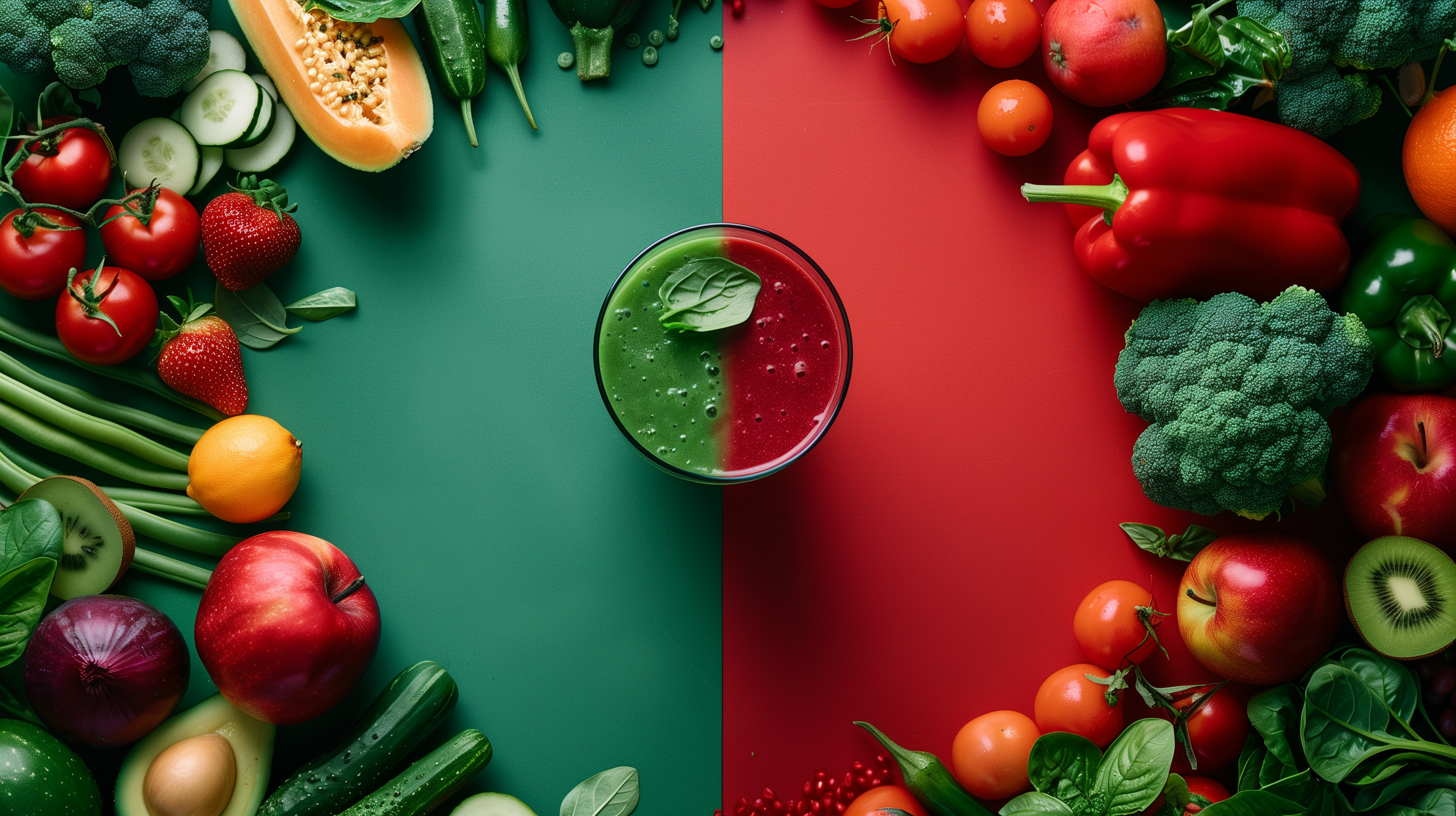 split background, half lush green, half deep red, showcasing a diverse array of fruits and vegetables on each side