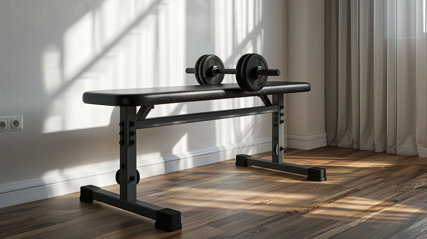 a weight bench in a house, with a dumbbell resting on it