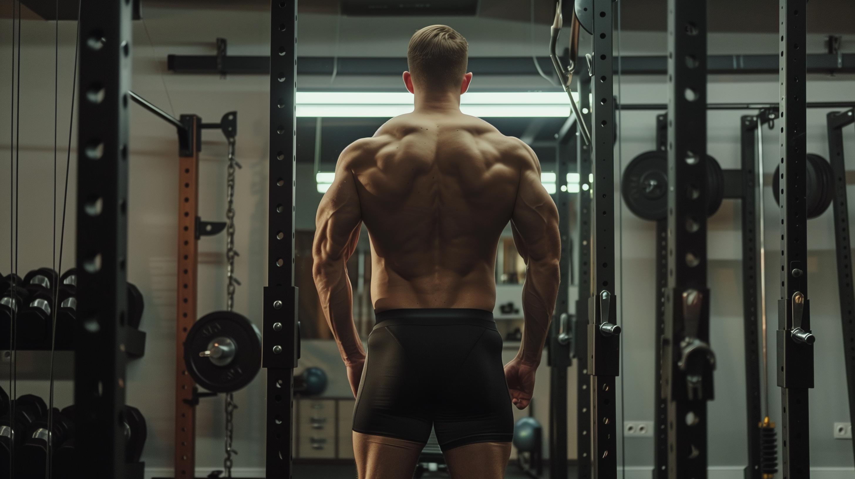a muscular man with his back to the camera, so his back and glute muscles can be seen