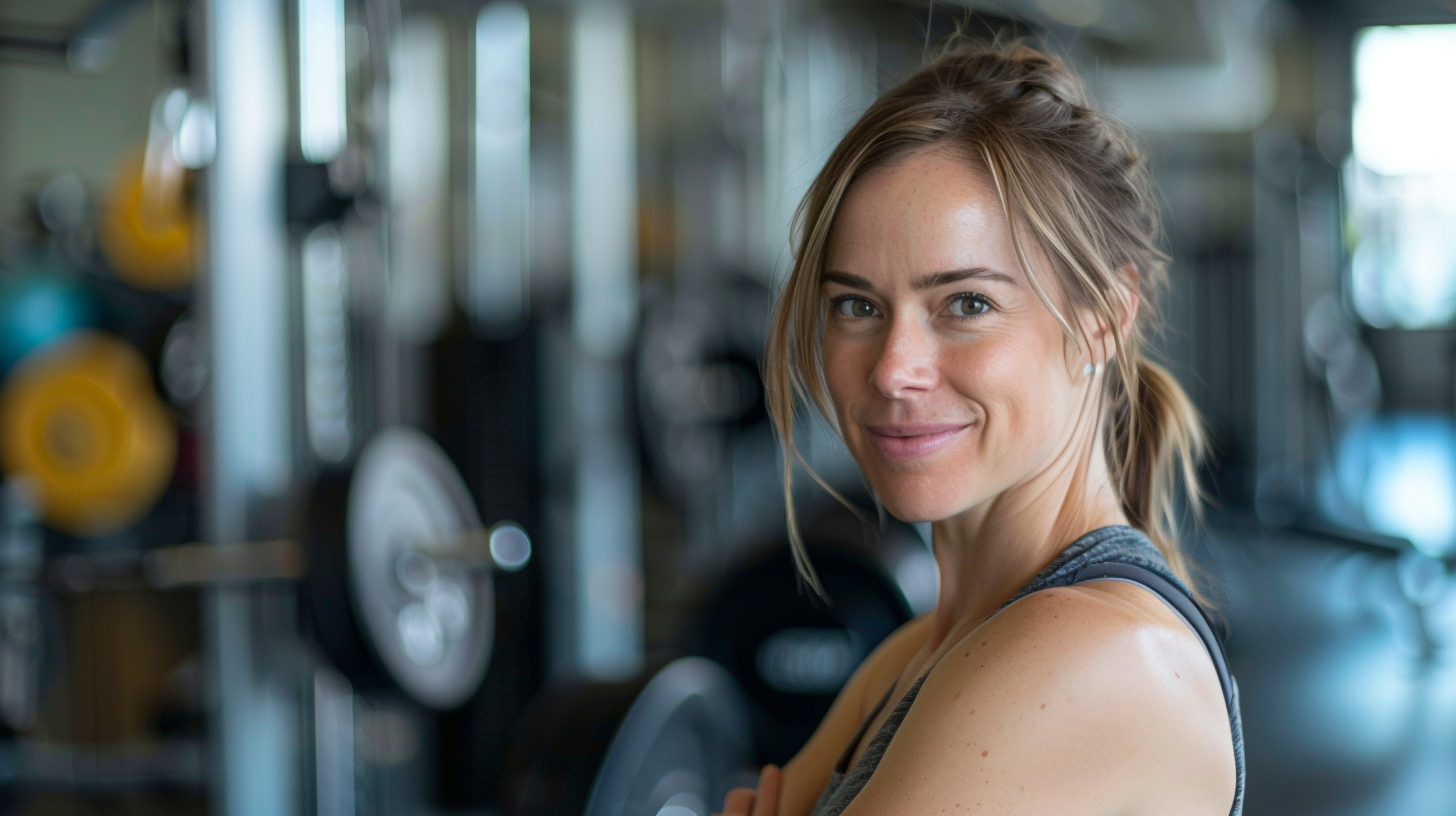 a fit woman at the gym about to work out, smiling at the camera