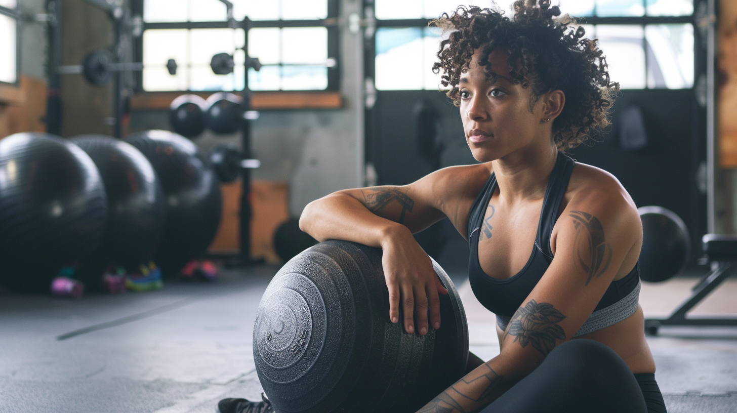 a woman sitting at the gym on a fitness mat with a exercise ball